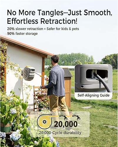 Miniatura 5 de GLAHODEN Carrete de manguera de jardín retráctil de 58 pulgadas x 100 pies, carrete de manguera automático de alta resistencia, soporte de pared con
