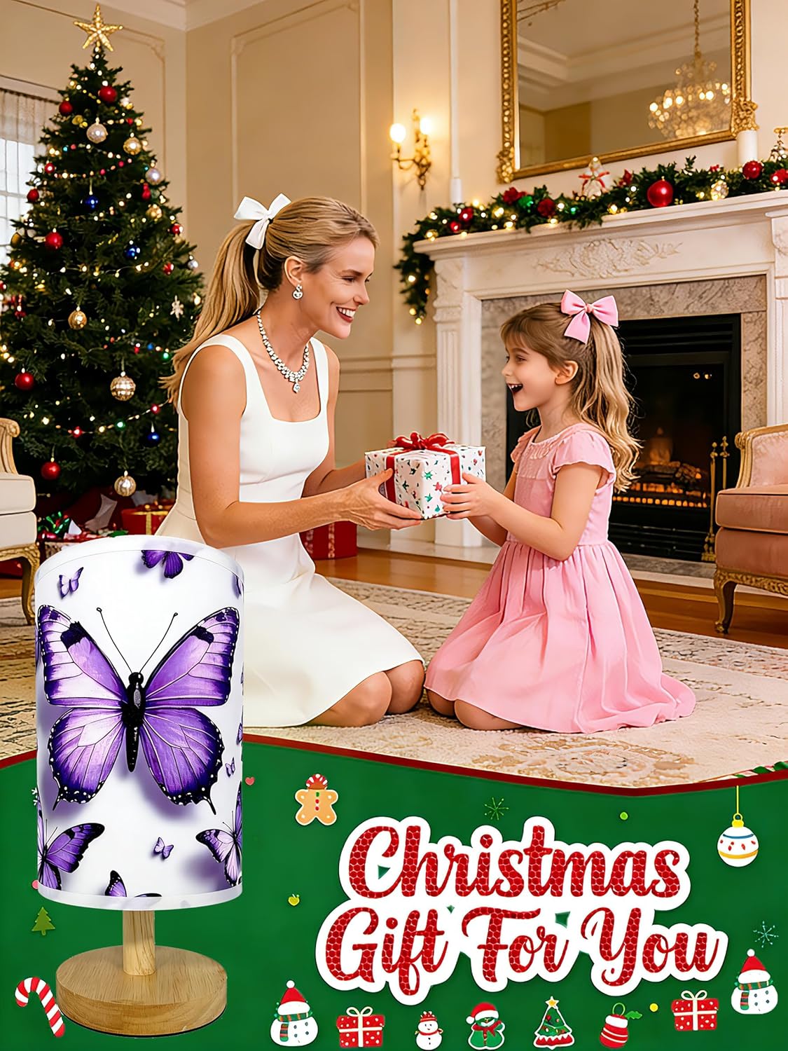 Butterfly Lamp Purple Desk for Kids Lamp,3 Colors Nightstand Light Lamp, Round Wood Base Flaxen Fabric Desk Lamp, Butterfly Light Gift for Gir (LED Bulb Included) (Butterfly)