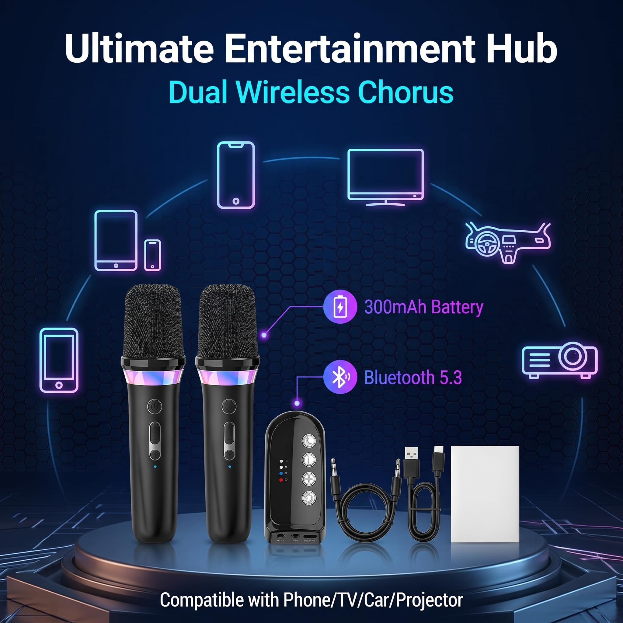 Wireless Karaoke Mikrofon Set für Auto Funkmikrofon, Bluetooth Mikrofon mit 3.5mm Aux Empfänger Dynamisches Microphone Wiederaufladbar, Funkmikrofon Zum Singen für Familienfeiern, Partys