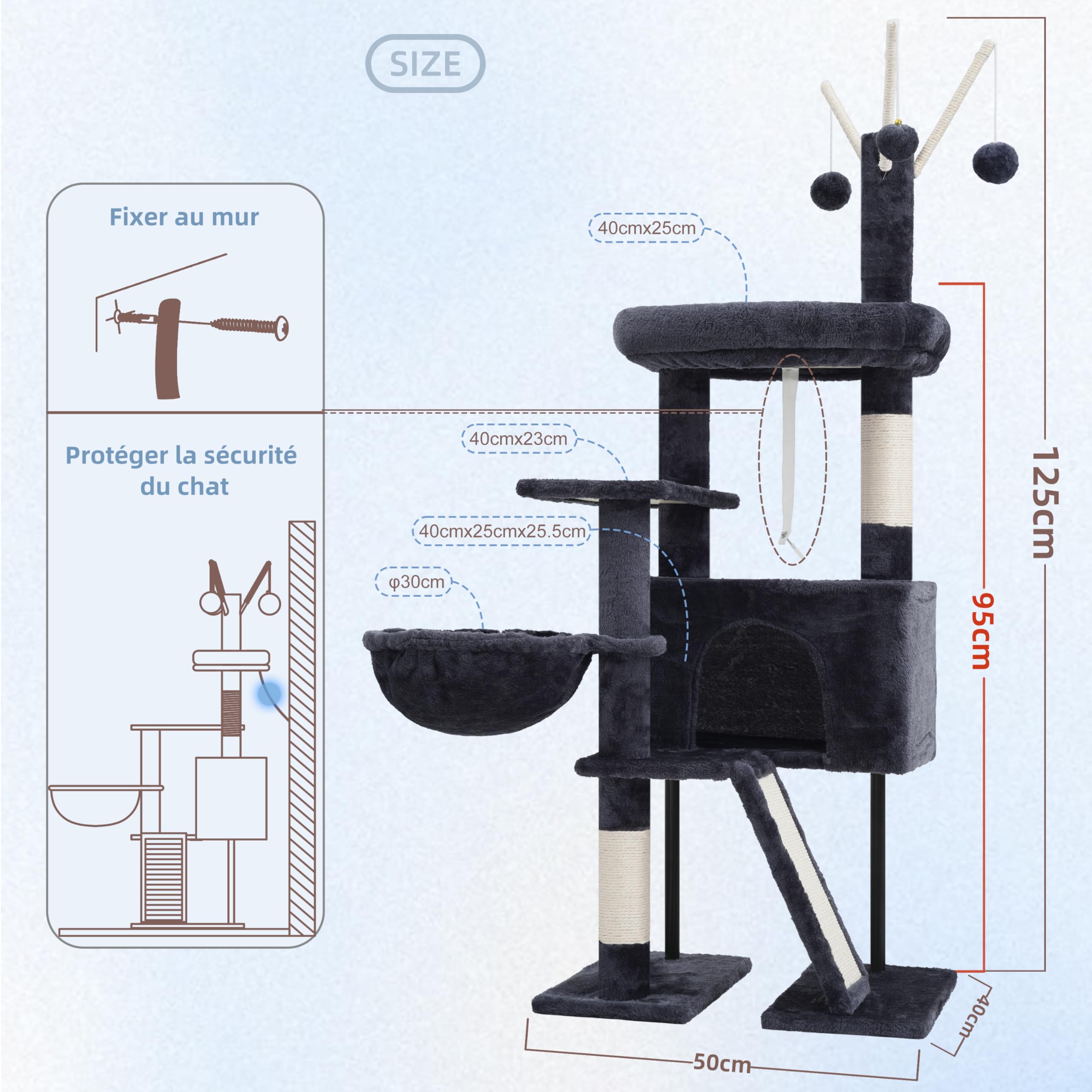 Gitelsnour Arbre à Chat Interieur, Tour de Jeux pour Chats, Tour Chat avec Griffoirs, Plateforme supérieure Amovible, Poteaux à Griffer, Hamac, Pompons, Niches, Gris foncé GCT006SG