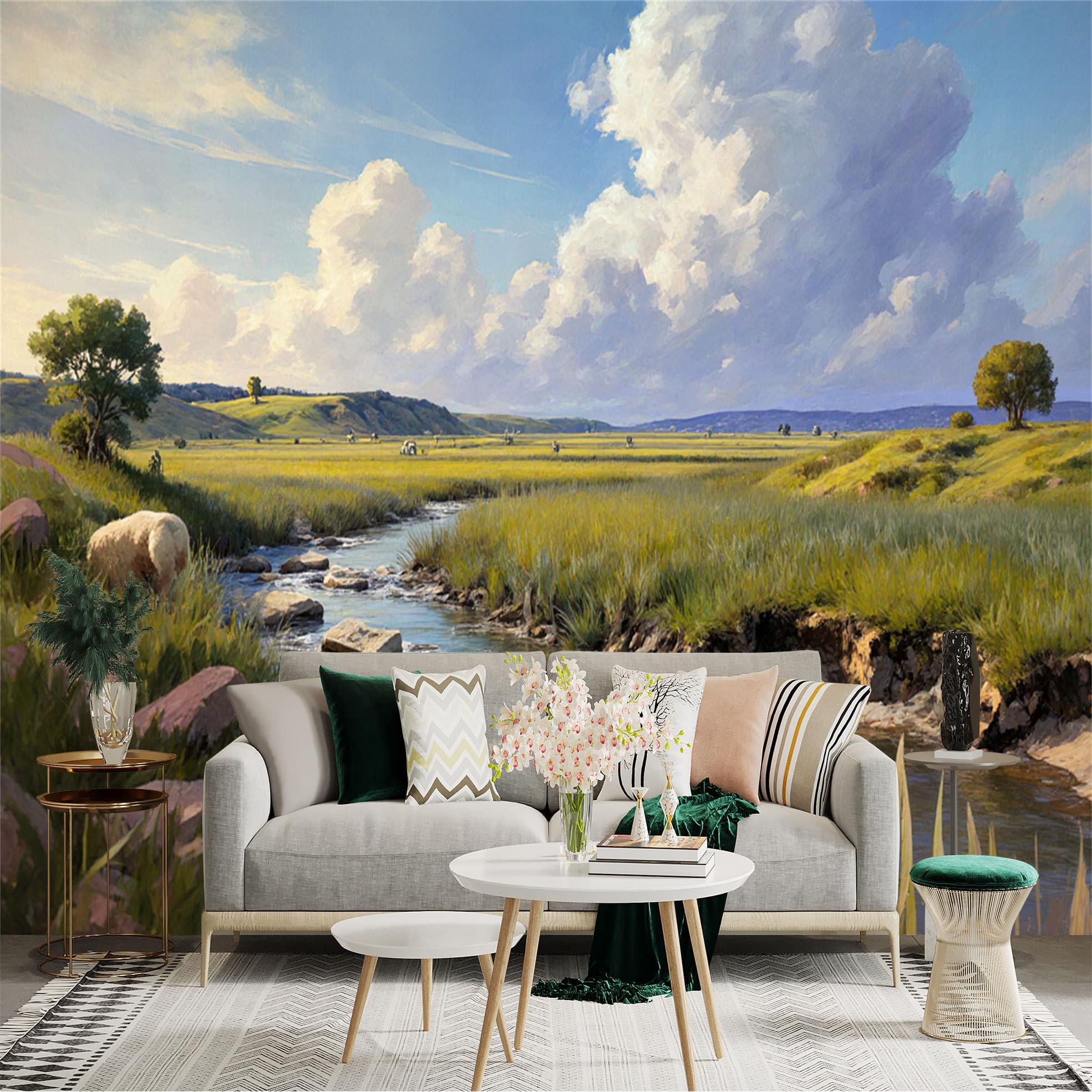 Lnzczhyre Xc260505423 Custom Size Wall Sticker Mural， Pastoral Landscape With River， Rolling Meadows And Fluffy Clouds， For Wall Decoration， Peelandstick Wall Decals.