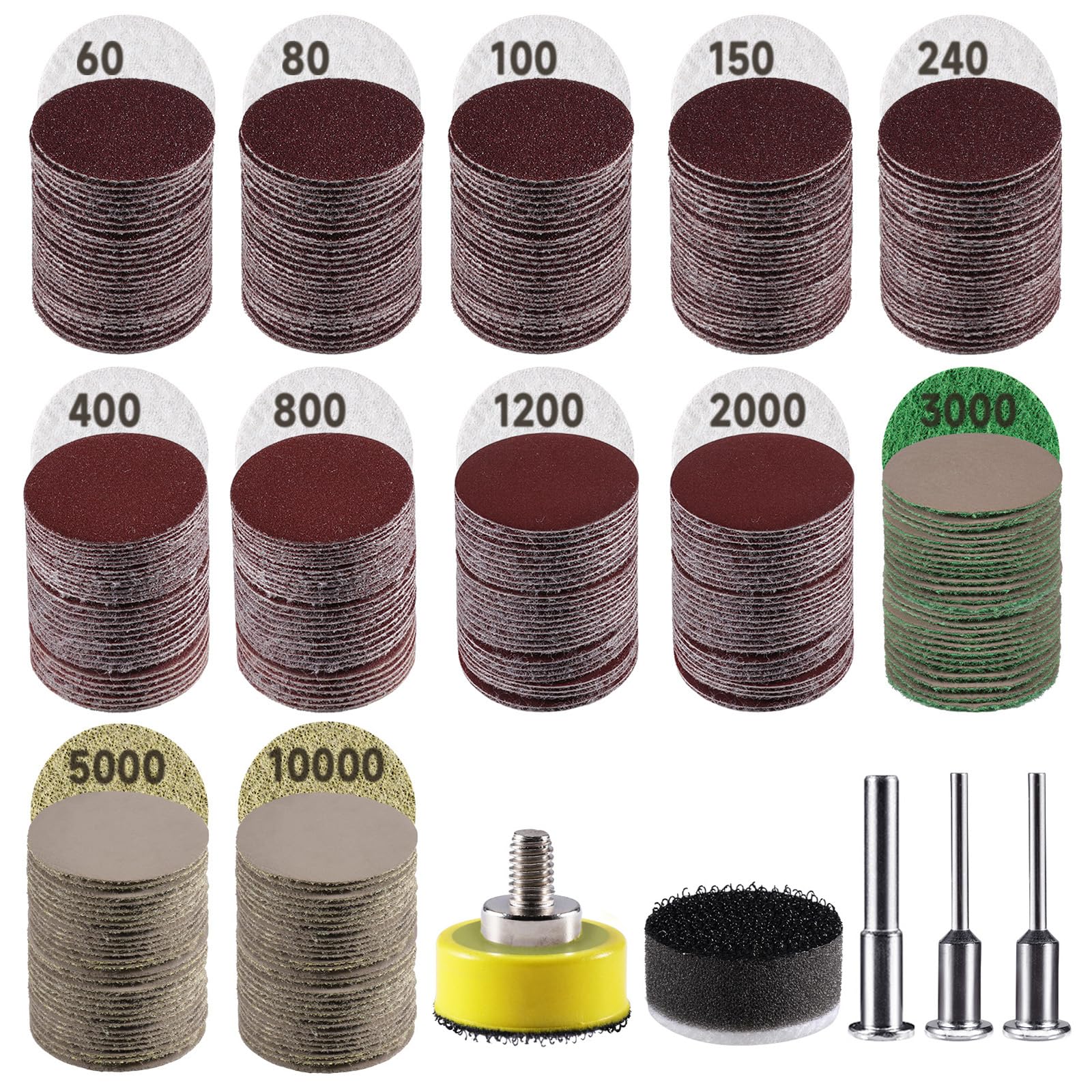 365 PCS 1 Inch Sanding Disc, GOH DODD Hook and Loop 60 to 10000 Grit Wet Dry Sandpaper Micro Sand Paper with 1/8" 1/4" Shank, Backing Pad, Foam Pads for Auto Metal Glass Resin Wood Polishing Sanding