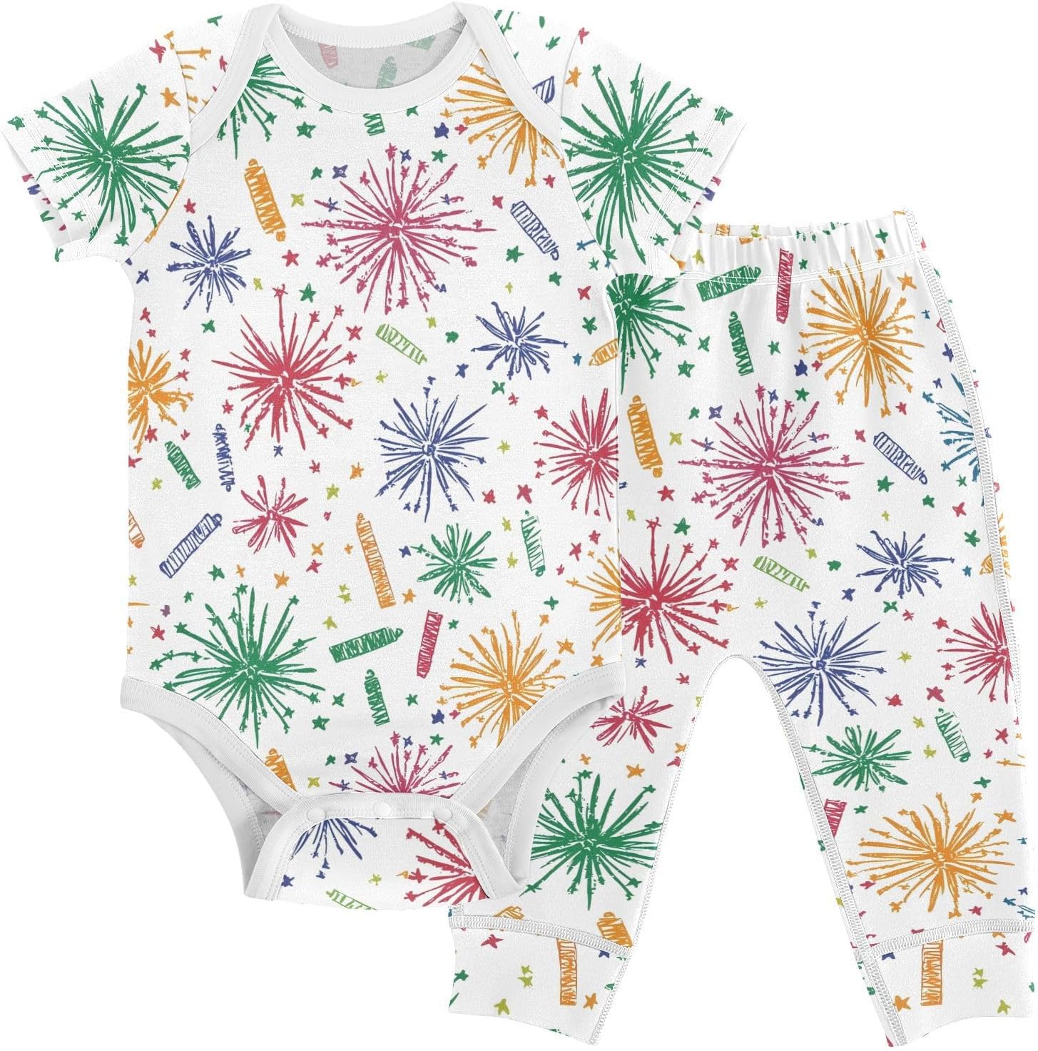 vvfelixl Baby Clothes Crayon Firework Baby Bodysuits Set Unisex Short Sleeve Babys Pants Sets 0-3M