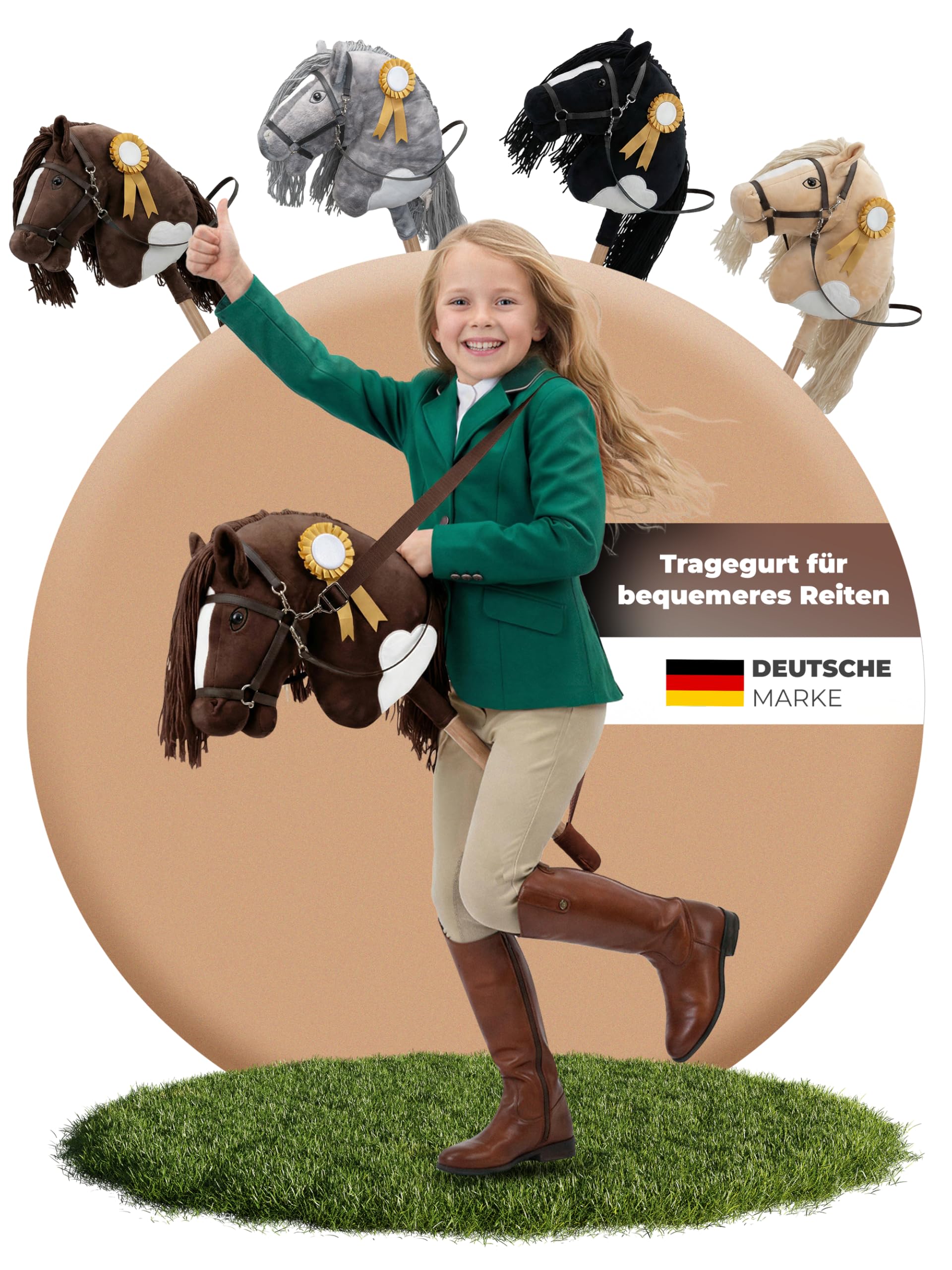 Hobby Horse Steckenpferd – Handgefertigtes Stockpferd für Kinder 4–12 Jahre - Realistisches Hobby Horsing Pferd mit verstellbarem Gurt & Turnierschleife (Braun & Weiß)