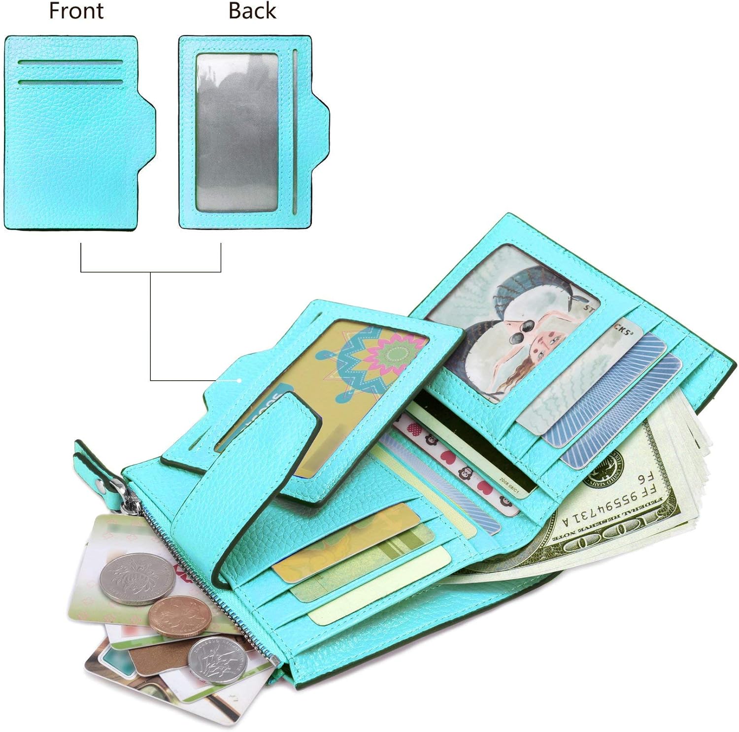 AINIMOER Women Leather Wallet RFID Blocking Small Bifold Zipper Pocket Wallet Card Case Black and Sea Blue Bundle