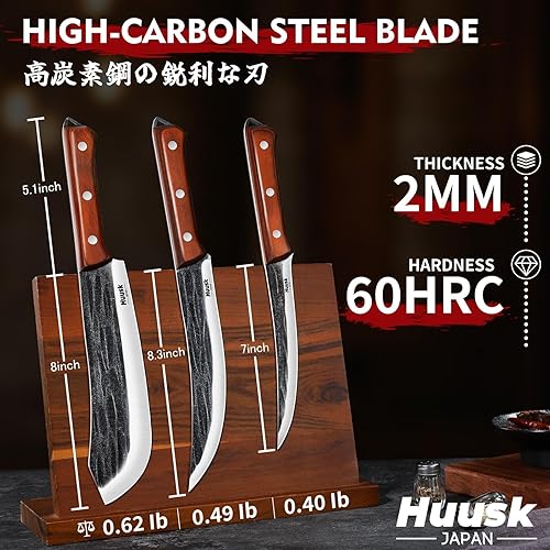 Miniatura 7 de Huusk Juego de cuchillos de carnicero para cortar carne, 3 cuchillos de pechuga para barbacoa, juego de cuchillos de cocina forjados a mano con