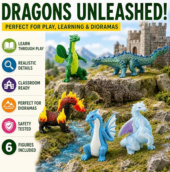 Safari Ltd. Dragons of the Elements TOOB - 6 Miniature Elemental Dragon Figurines - Fantasy Toy Set for Boys, Girls and Kids Ages 3+
