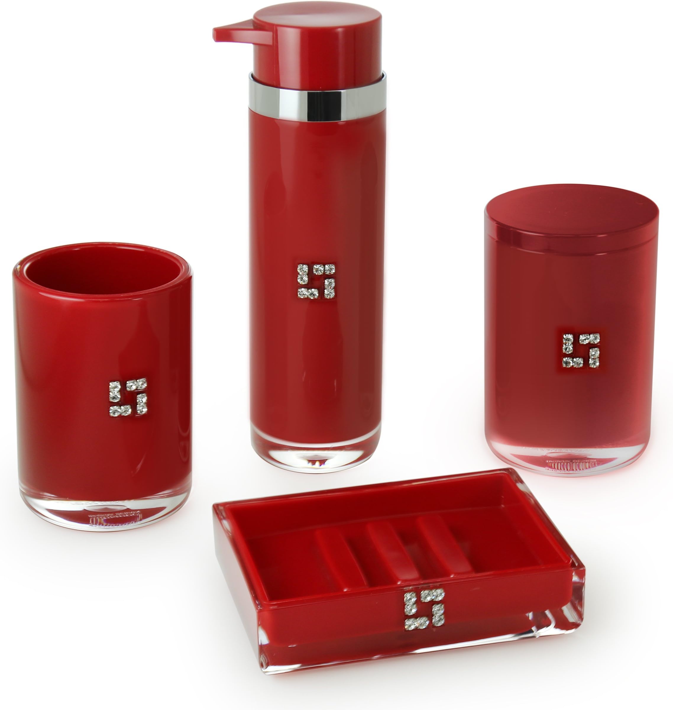 IMMANUEL Royal 4 Piece Red MS Acrylic Bathroom Accessories Set, Crystal Embellishments