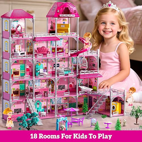 Miniatura 15 de Juego de villa para niñas de 3 a 7 años, juego de interior para niñas de 6 a 8 años con 4 pisos, 11 habitaciones, 2 muñecas, muebles y accesorios