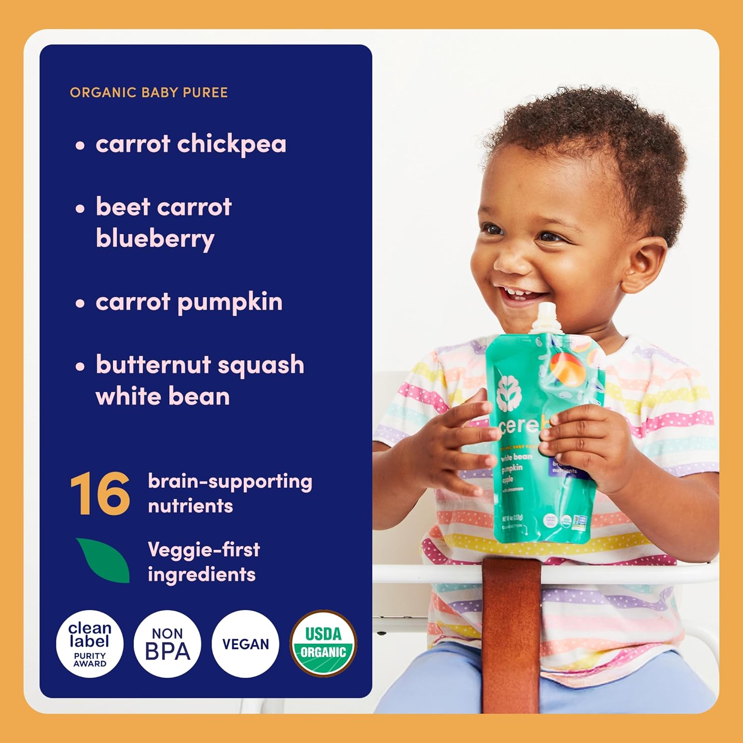 Cerebelly Organic Baby Food Pouches, Hearty Veggie Purees, 16 Nutrients, No Added Sugar, Non-GMO, Toddler Snacks, 4 Flavors, 4oz, 8 Pack - Image 4