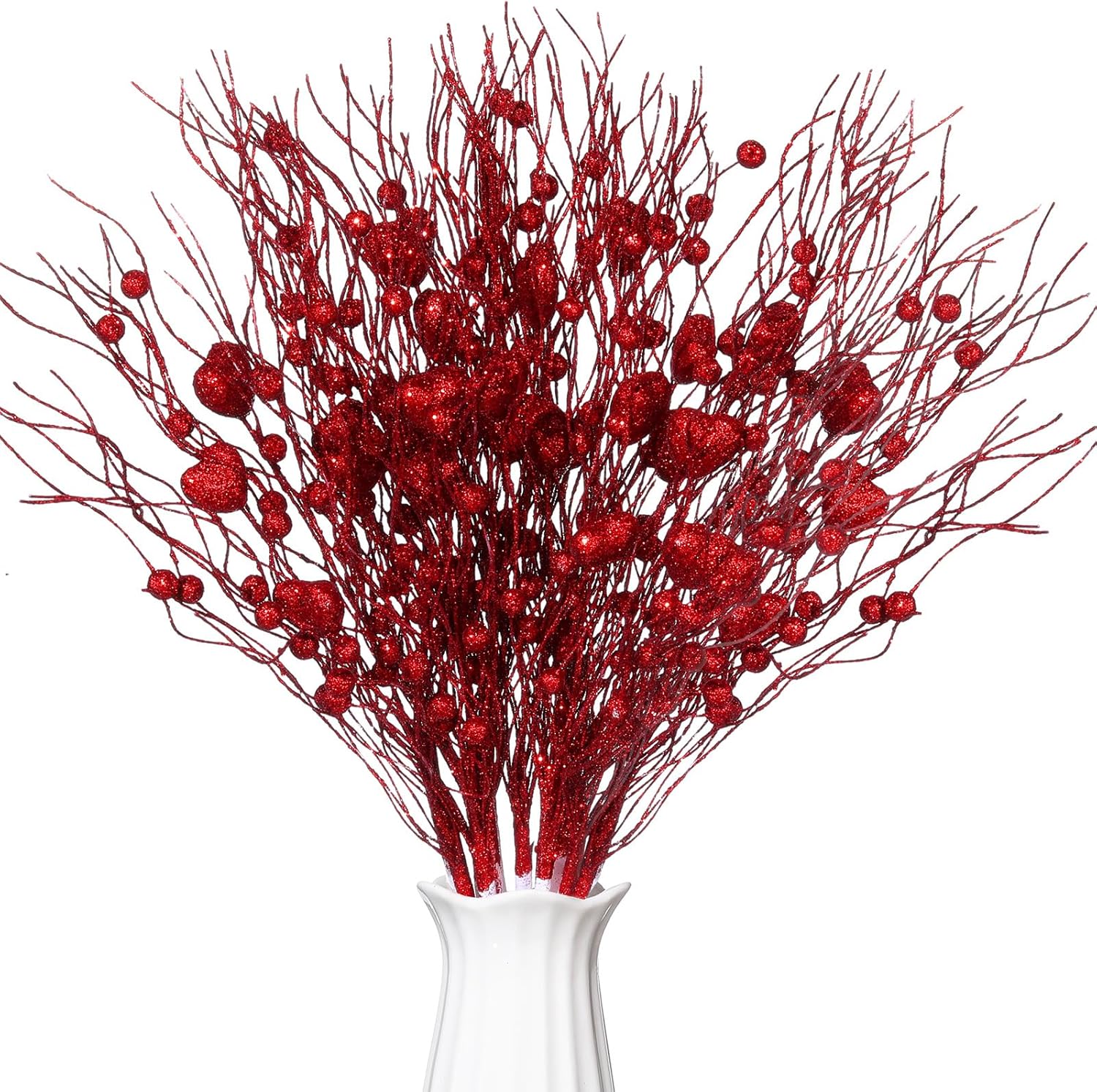Geyoga 12 Pcs Floral Picks 16 Inch Glitter Heart Picks Bulk Red Pink Heart Shaped Berry Stem Picks for Tree Topper Wedding Table Vase Decor (Red)