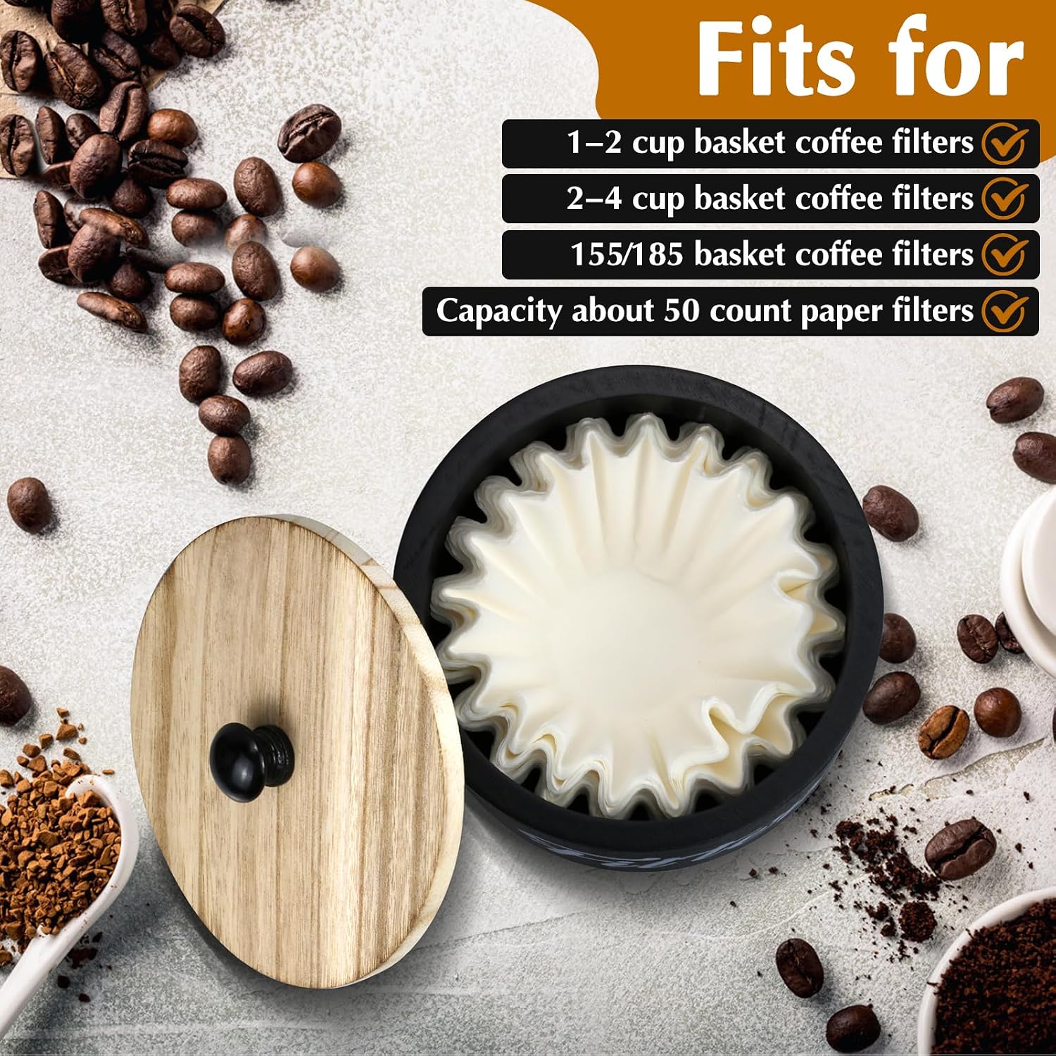 Wooden Coffee Filter Holder with Lid, Basket Coffee Filter Storage Container for Counter, Rustic Farmhouse Café Bar Decor, 50 Count Capacity (Black)