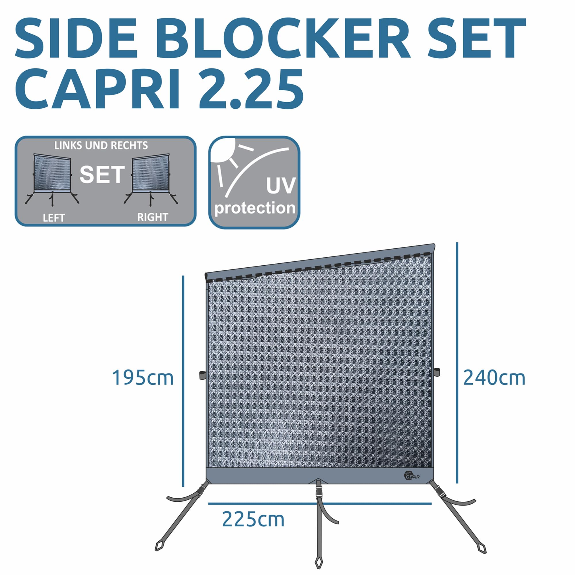 GEAR Capri Sun Blocker Markisenvorderwand winddurchlässig Sicht- und Sonnenschutz 3 Keder 240-480 cm