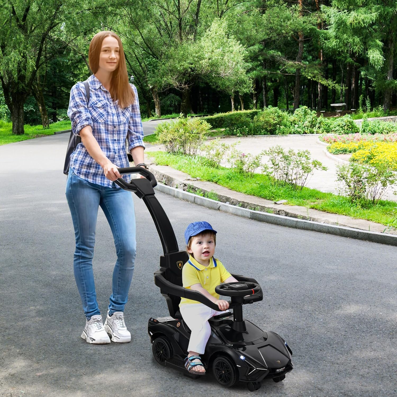 OLAKIDS 3 in 1 Ride on Push Car, Licensed Lamborghini SIAN Baby Sliding with Parent Control Handle Universal Wheels Guardrails, Toddlers Walking Toy with Music, Under Seat Storage (Dark)