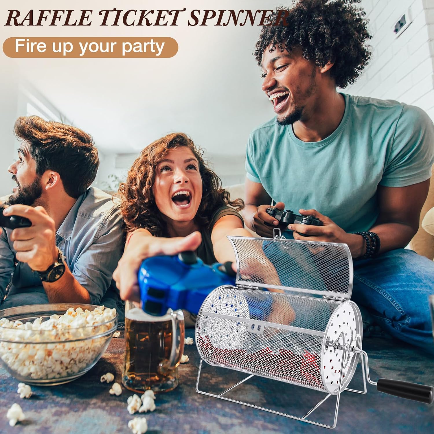 Teenyyou 7.09" X 4.72" Small Raffle Drum Upgraded Ticket Spinner Detachable Handle Holds 600 Tickets Raffle Wheel Spinner with Stand Drum Cage for Games Events(Silver)