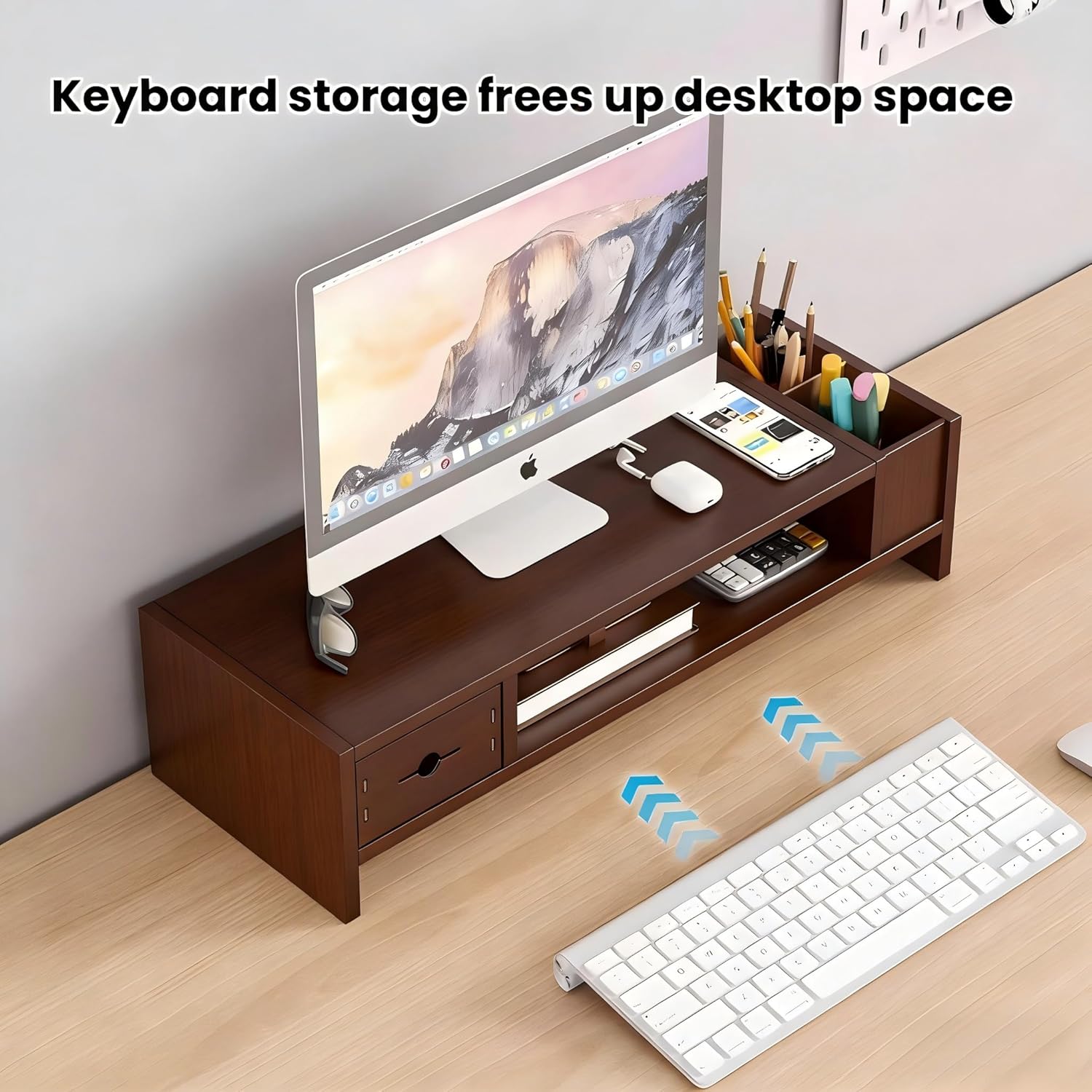 Monitor Stand Riser with Drawer & Pen Holder, Solid Wood Desktop Organizer with Keyboard Storage, Ergonomic Computer Stand for Desk, Space-Saving Monitor Shelf for Home Office Dorm (Walnut)