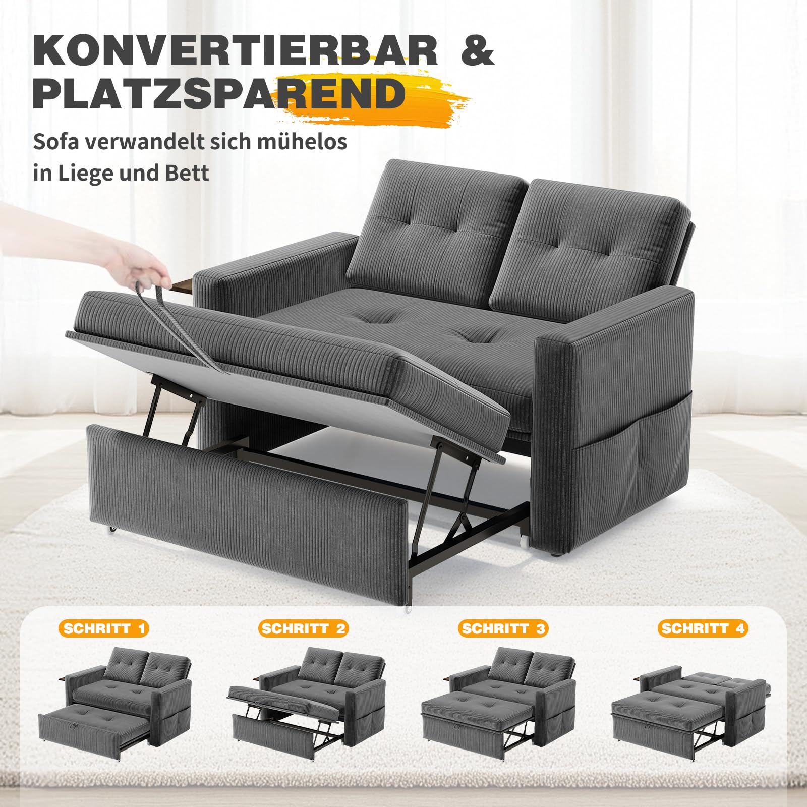 YOUDENOVA Schlafsofa mit 5-stufig Verstellbarer Rückenlehne, 2 Sitzer Sofa mit Schlaffunktion, Sofa Bed mit Tisch, Schlafcouch mit Bettfunktion, Couch Ausziehbar, 177x135 cm, Cord Grau