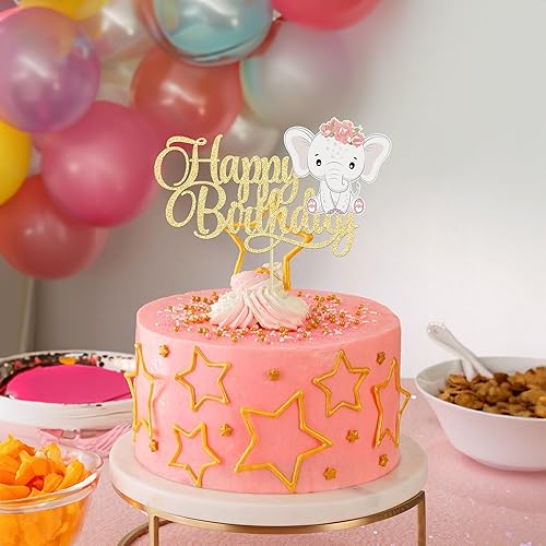 Miniatura 9 de Gyufise 1 pieza de decoración de pastel de elefante rosa con purpurina dorada de animales de la selva, elefante de la selva, decoración de pastel de