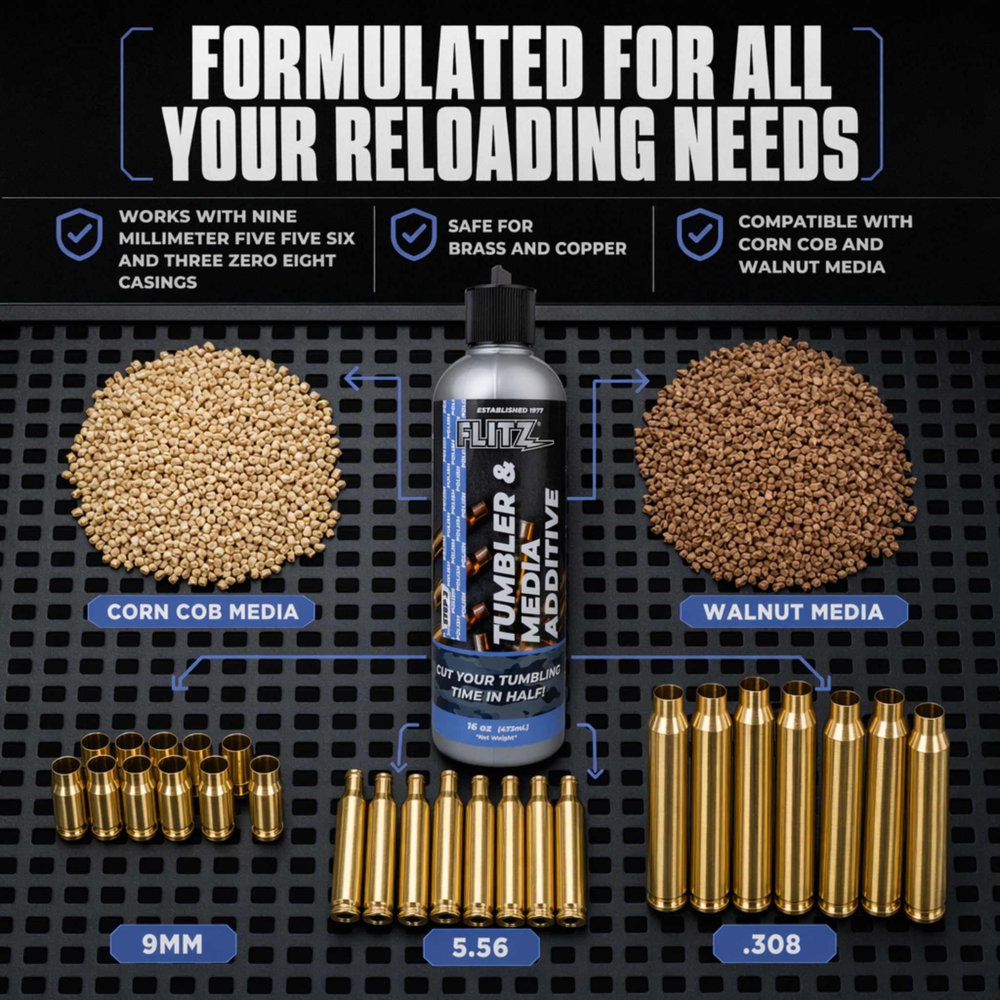 Flitz Tumbler Media Additiv, 473 ml Flasche Messingreiniger, Nachladeflüssigkeit für Munition, Kupfer und alle Metalle, Ammoniakfreie Tumbling-Politur zum Entfernen von Oxidation, Pulverrückständen (1