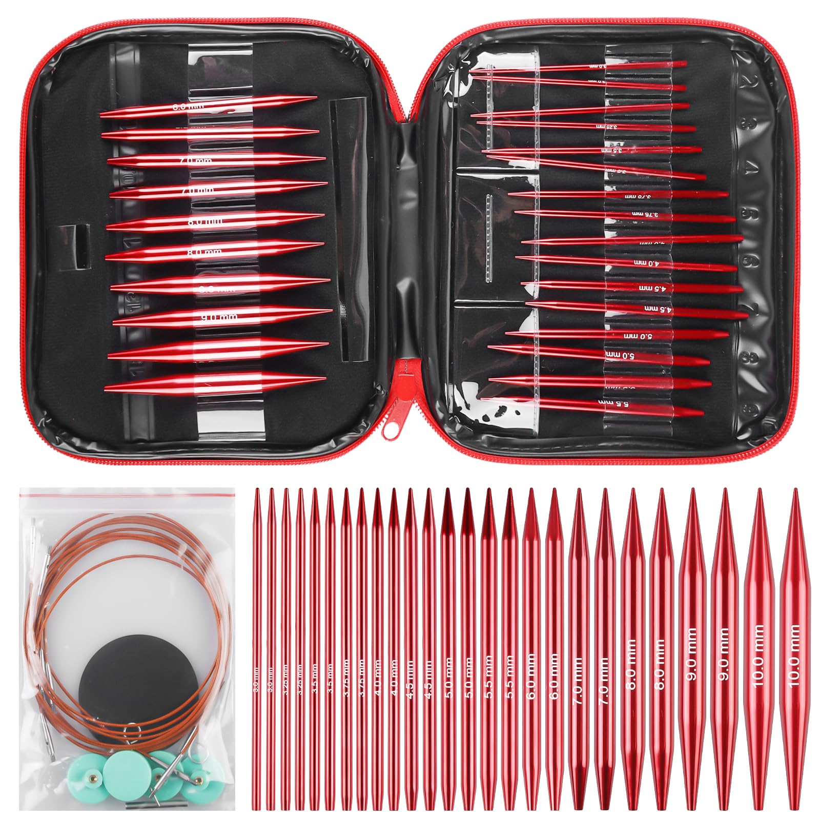 Set di 13 ferri da maglia, 3,0 mm - 10,00 mm, rimovibili, circolari, intercambiabili, in alluminio, per lavori a maglia fai da te
