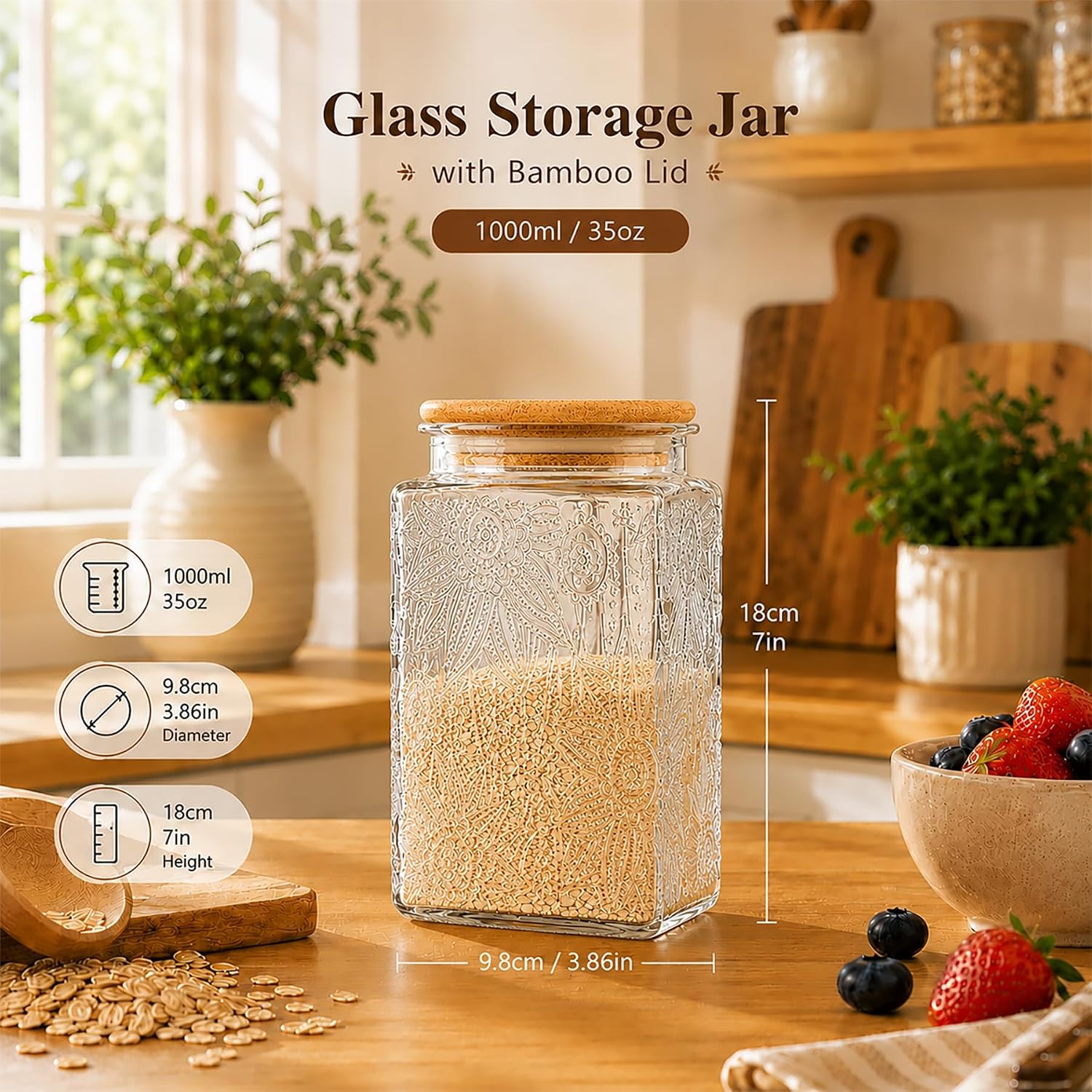 Custde Glass Storage Jars With Airtight Lid, 35oz Canister For Kitchen Counter with Bamboo Lid, brown sugar, candy, coffee, cookie, salt, tea,pantry cute Jar (Large Square Sunflower) image 2