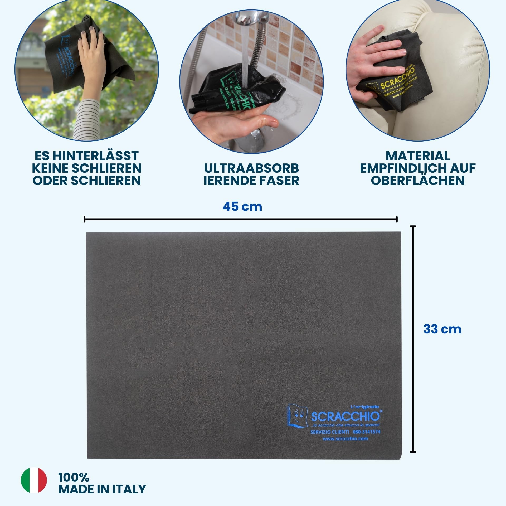 Scracchio Original, Mikrofaser Tuch +5 Jahre Haltbarkeit, Mikrofasertücher für Auto Reinigung, Haushalt, Glasreiniger, Fensterputztücher, Nur mit Wasser Reinigen, ohne chemische Reinigungsmittel(3Stk)