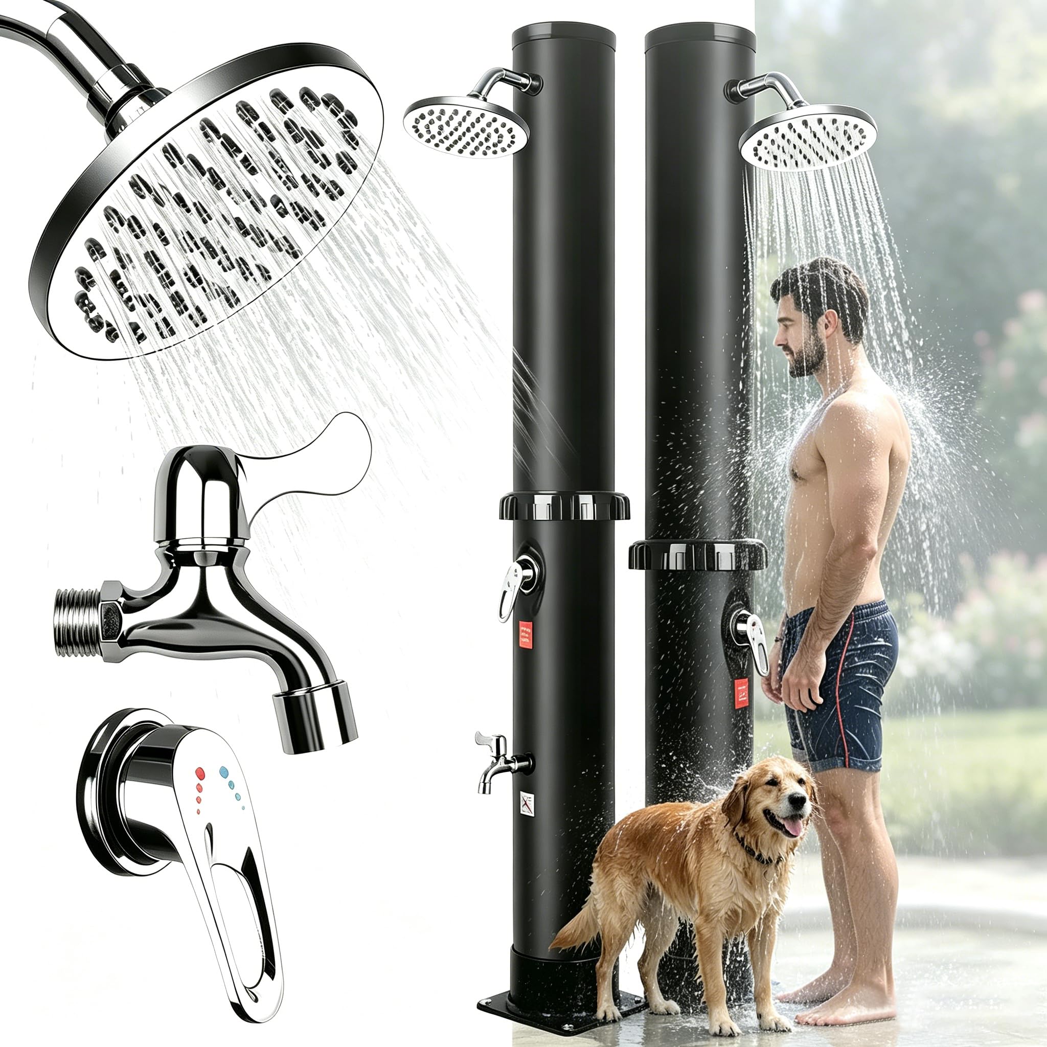 Solar Gartendusche 35Liter - Solardusche mit 360° Drehbarem Duschkopf und Fußhahn, Einstellbare Temperatur Aussendusche Solar dusche für Garten Pool Camping Hinterhof, Kein Stromanschluss Erforderlich