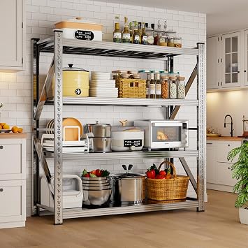 69W Stainless Steel Shelving Unit and Storage,4 Tier Adjustable Storage Shelves Heavy Duty Metal Shelving for Kitchen,Garage,Restaurant,Outdoor,Bakers Racks for Kitchens-Bright Silver