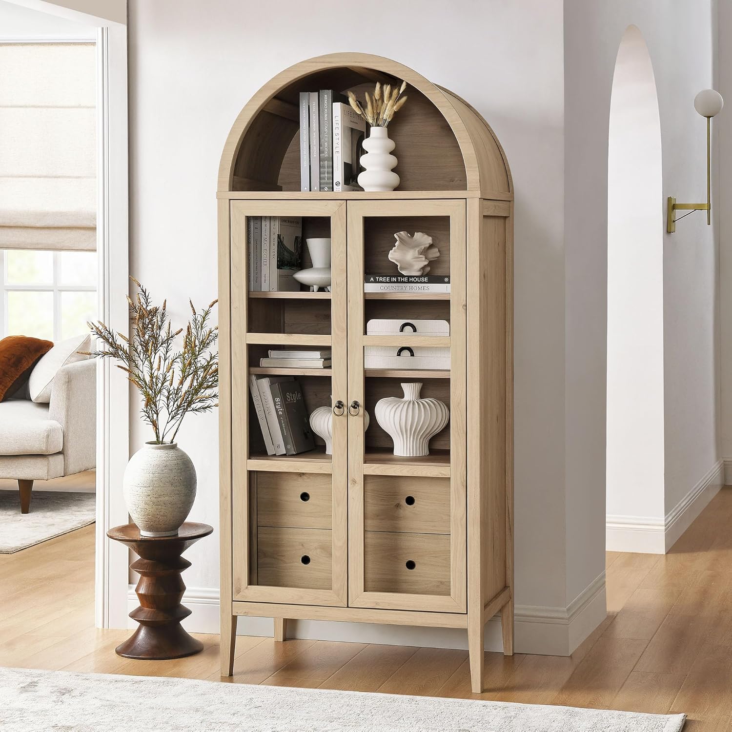 Modway Nolan Modern Farmhouse 71 Inch Tall Arched Storage Display Cabinet in Light Oak Wood Grain - 4-Tier Bookcase with Glass Doors and Shelves - Arch Accent Cabinet for Living Room