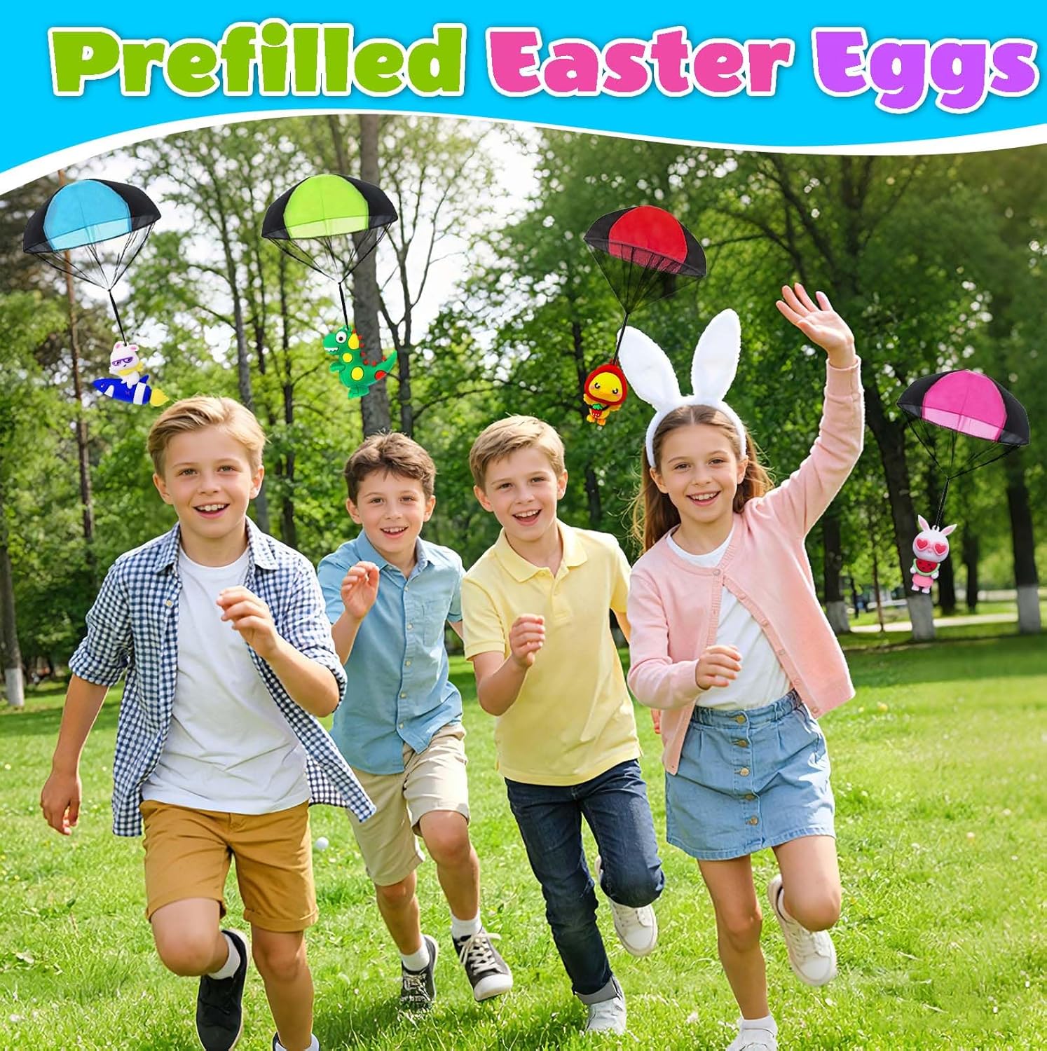 Easter Egg Fillers & Basket Stuffer Essentials for Teens Kids - 4Pack Prefilled Easter Eggs with Parachute Toys, Treasure Box Toys for Classroom Boys Girls, Egg Hunt Party Supplies, Carnival Prizes
