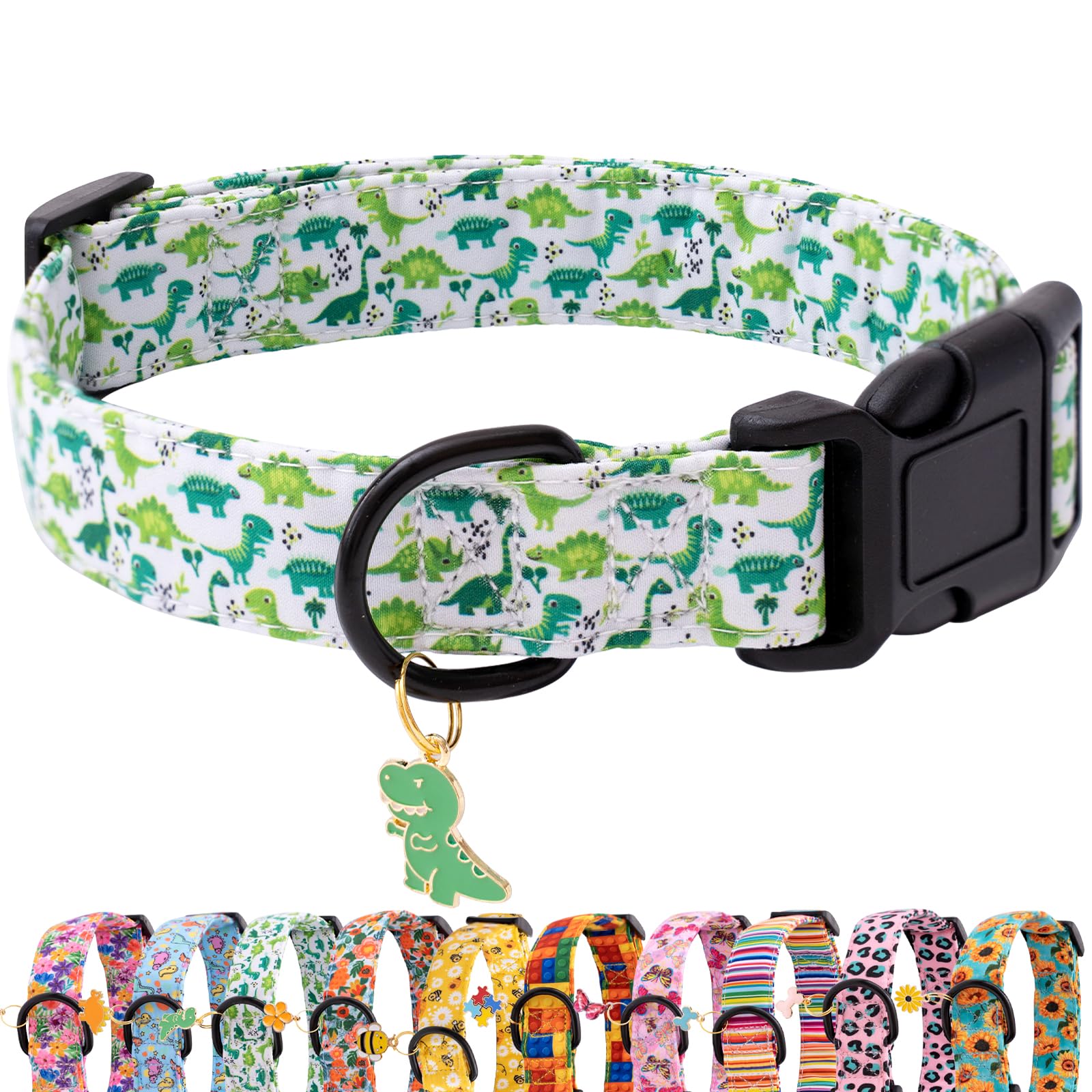 Faygarsle Dog Collar for Small Medium Large Dogs Cute Green Puppy Collars for Male Dogs Dinosaur Patterned Pet Collars for Summer Spring Wedding Puppy