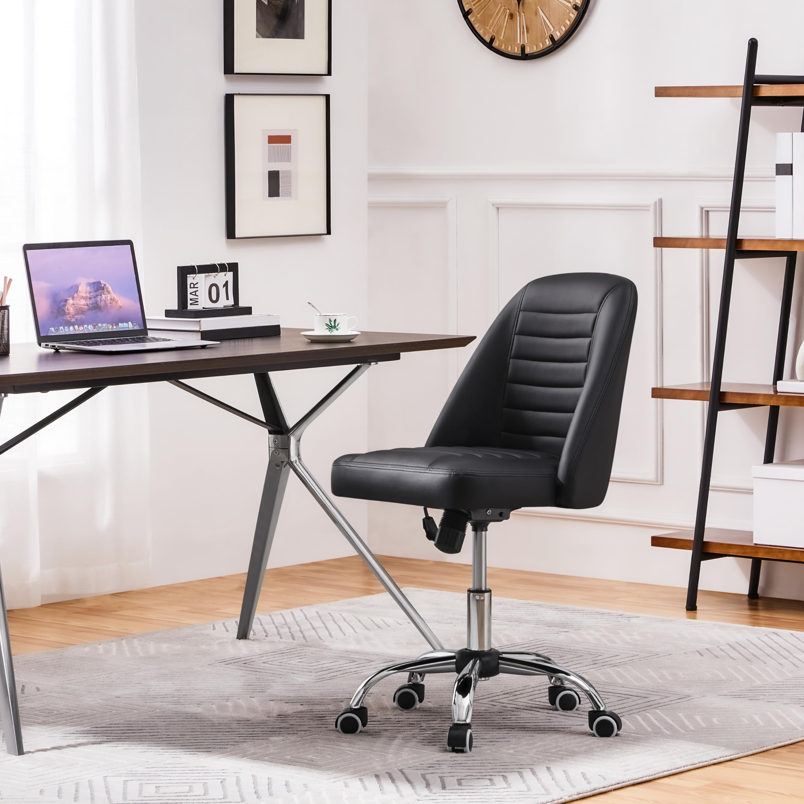 Yaheetech Bürostuhl ohne Armlehne Schreibtischstuhl Drehstuhl mit Rollen ergonomischer Schreibtischsessel höhenverstellbar Arbeitshocker Schminkstuhl Kunstleder Schwarz