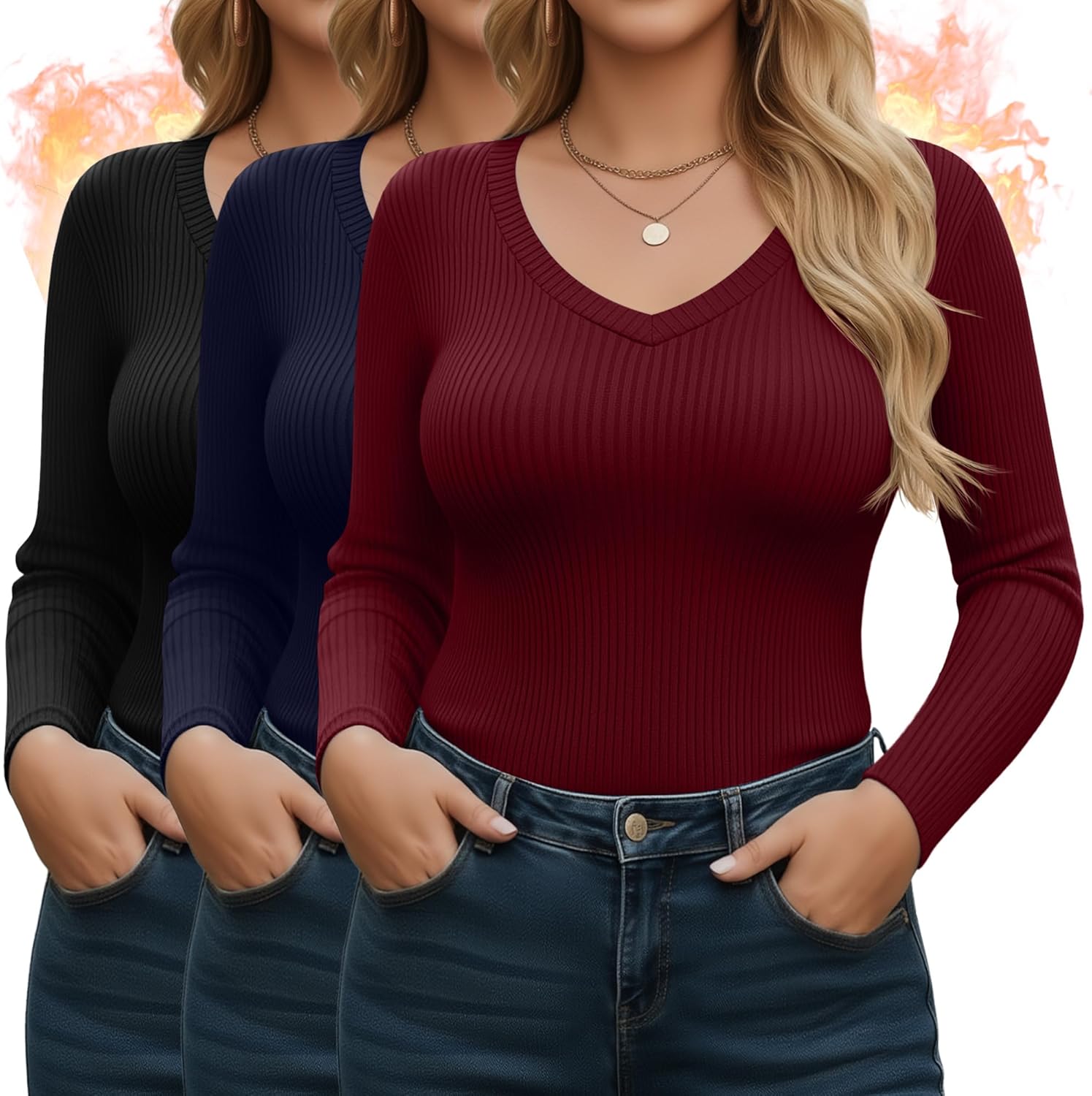 3 Pack Plus Size Thermal Shirts for Women Cotton Long Sleeve Ribbed Knit Tops V Neck Slim Fit Underwear Base Layer