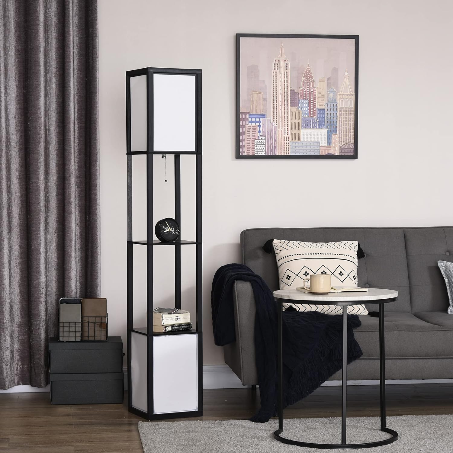 HOMCOM Modern Floor Lamp with Shelves & Dual Ambient Lighting, Tall Standing Lamp for Living Room, Bedroom with Fabric Lampshade (Bulb not Included), Black