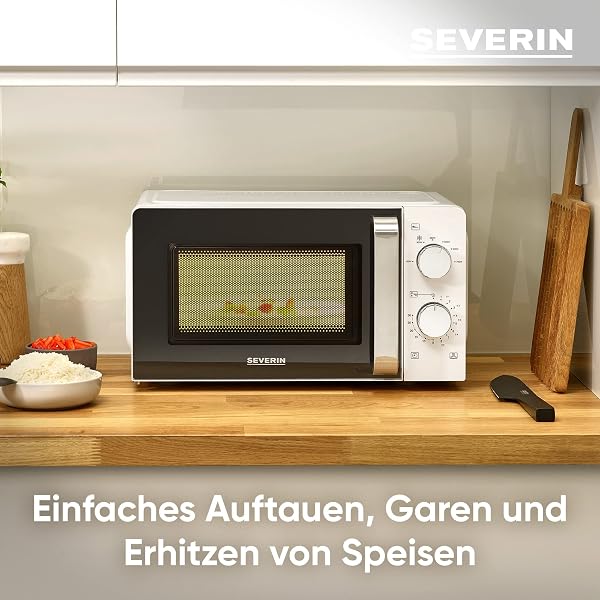 SEVERIN Mikrowelle Solo, zum Auftauen und Erhitzen, Mikrowellengerät mit Drehteller für gleichmäßige Wärmeverteilung 17 L, Weiß /Edelstahl, MW 7885 - 4