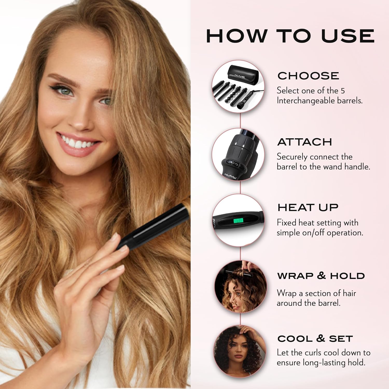 NuMe Lustrum 5 in 1 Tourmaline Ceramic Curling Wand Set with Interchangeable Barrels, Digital Display, Automatic Shutoff Feature. Heat Up to 410°F