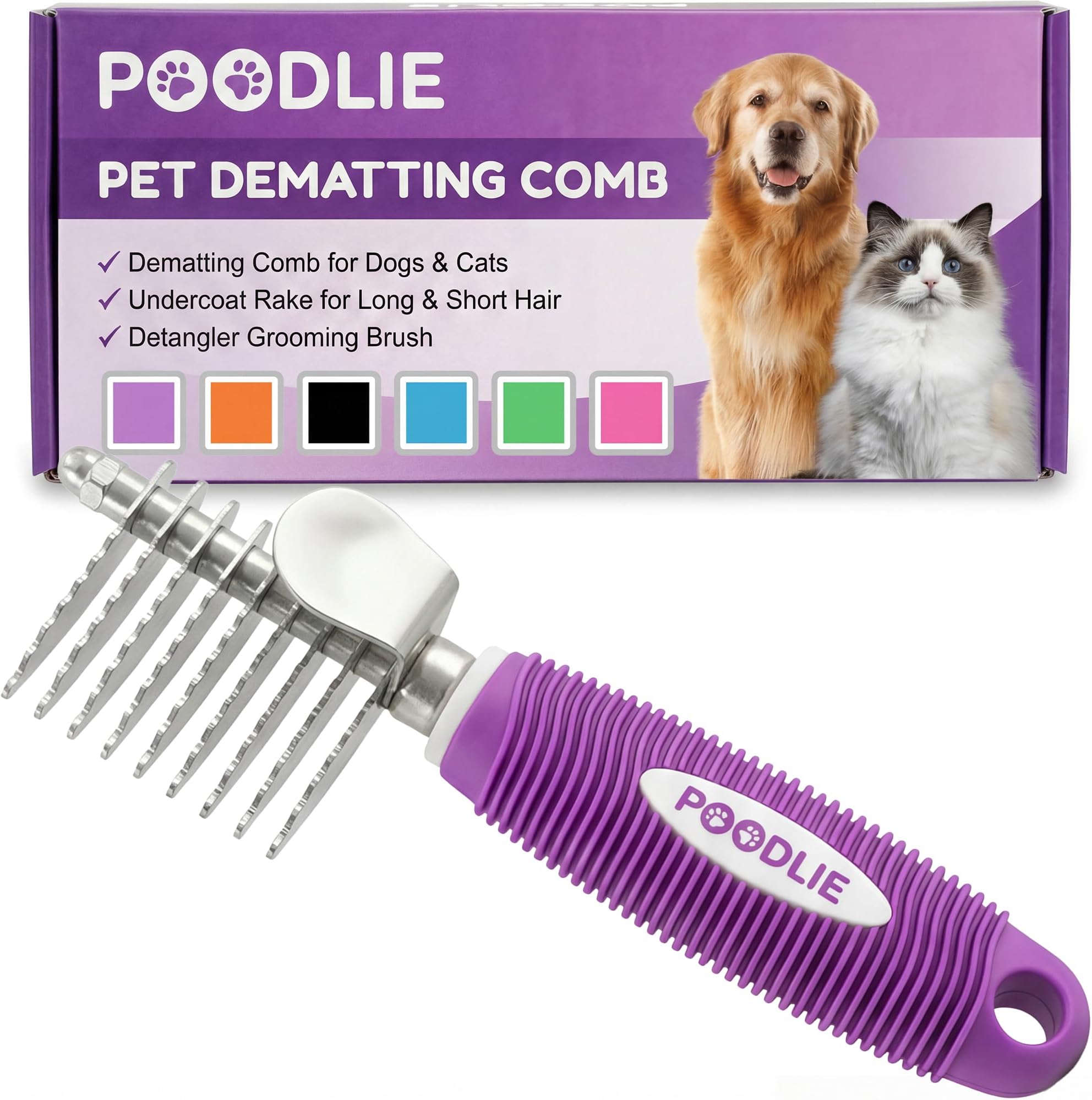 Poodle Pet Dematting Fur Rake Comb Brush Tool with Long 2. 5 Steel Safety Blades for Detangling Matted or Knotted Undercoat Hair, Safe Grooming Accessories for Dogs, Longhaired Cats, Rabbits, Horses