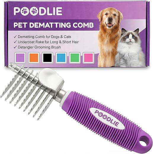 Poodle Pet Dematting Fur Rake Comb Brush Tool – Dog and Cat Comb with Long 2.5 Inches Steel Safety Blades for Detangling Matted or Knotted Undercoat Hair