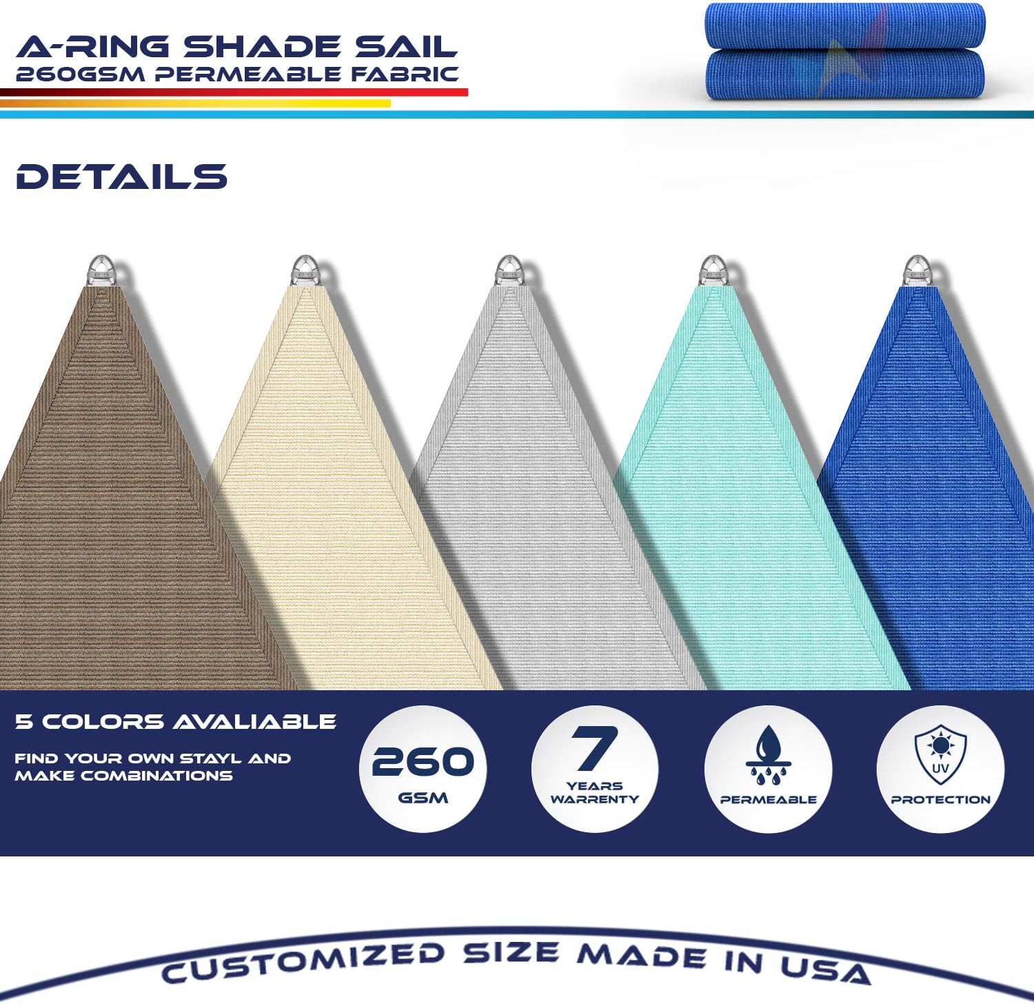 Windscreen4less 24' x 24' x 24' Sun Shade Sail with A-Ring Wire Rope Triangle Outdoor Shade Cover for Deck Backyard Patio Garden (Blue)