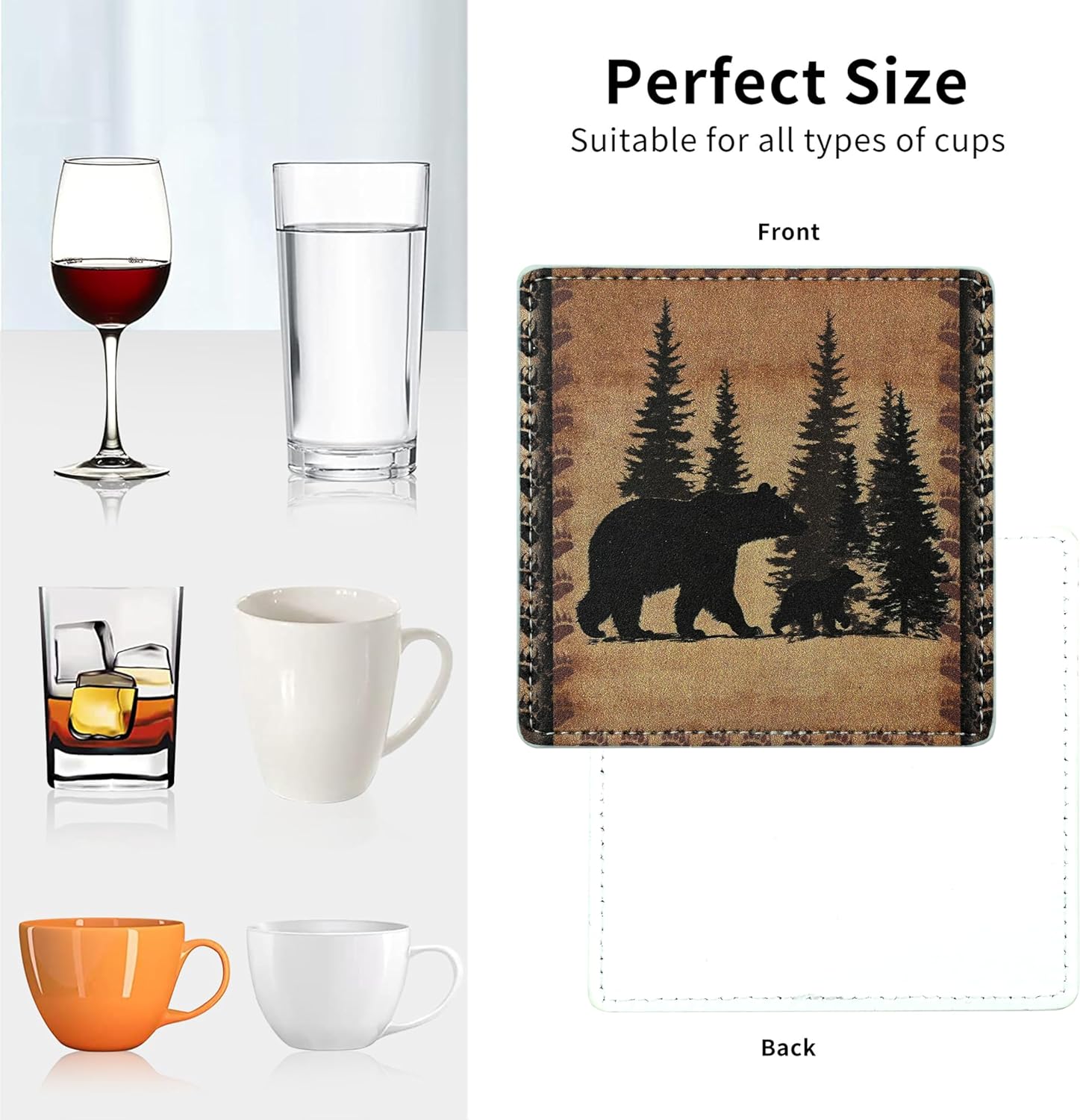 Marble Coasters Square Leather Drinks Coaster Set with Holder for Coffee Table Bar Home Decor 4 Inches Set of 6 (Forest Animals, One Size) - Image 4
