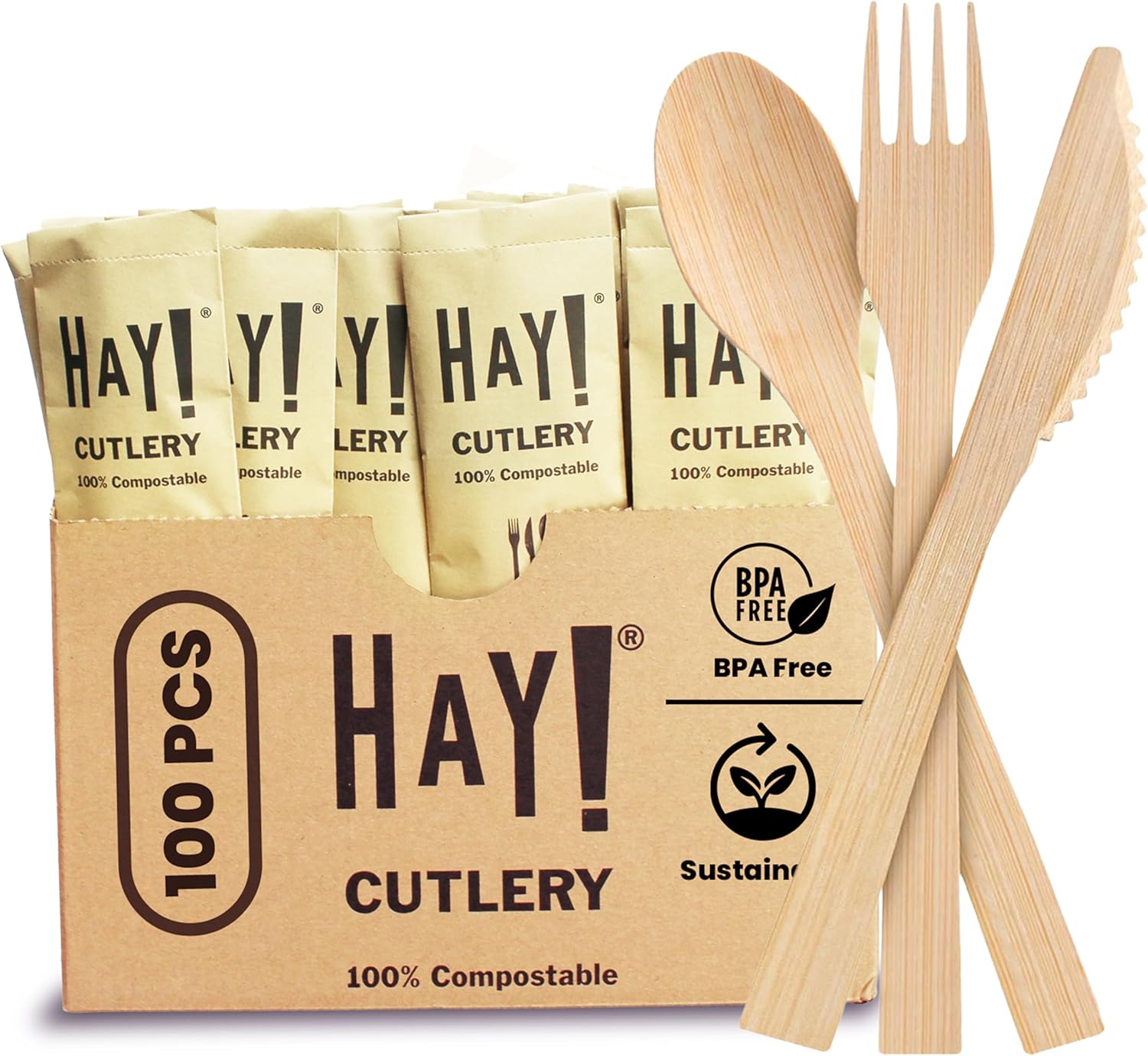HAY! Bamboo Cutlery Wrapped Set | 100 Pack Biodegradable Disposable Utensils | Individual Wrapped Sets | USDA BioPreferred 99% Biobased | PFAS-Free 100% Compostable Forks Spoons Knives Napkins