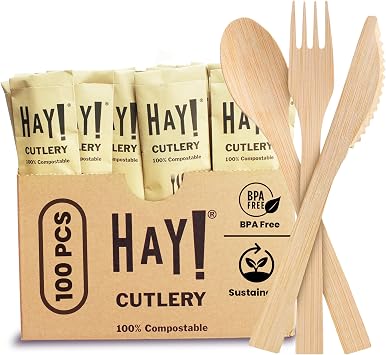 HAY! Bamboo Cutlery Wrapped Set | 100 Pack Biodegradable Disposable Utensils | Individual Wrapped Sets | USDA BioPreferred 99% Biobased | PFAS-Free 100% Compostable Forks Spoons Knives Napkins