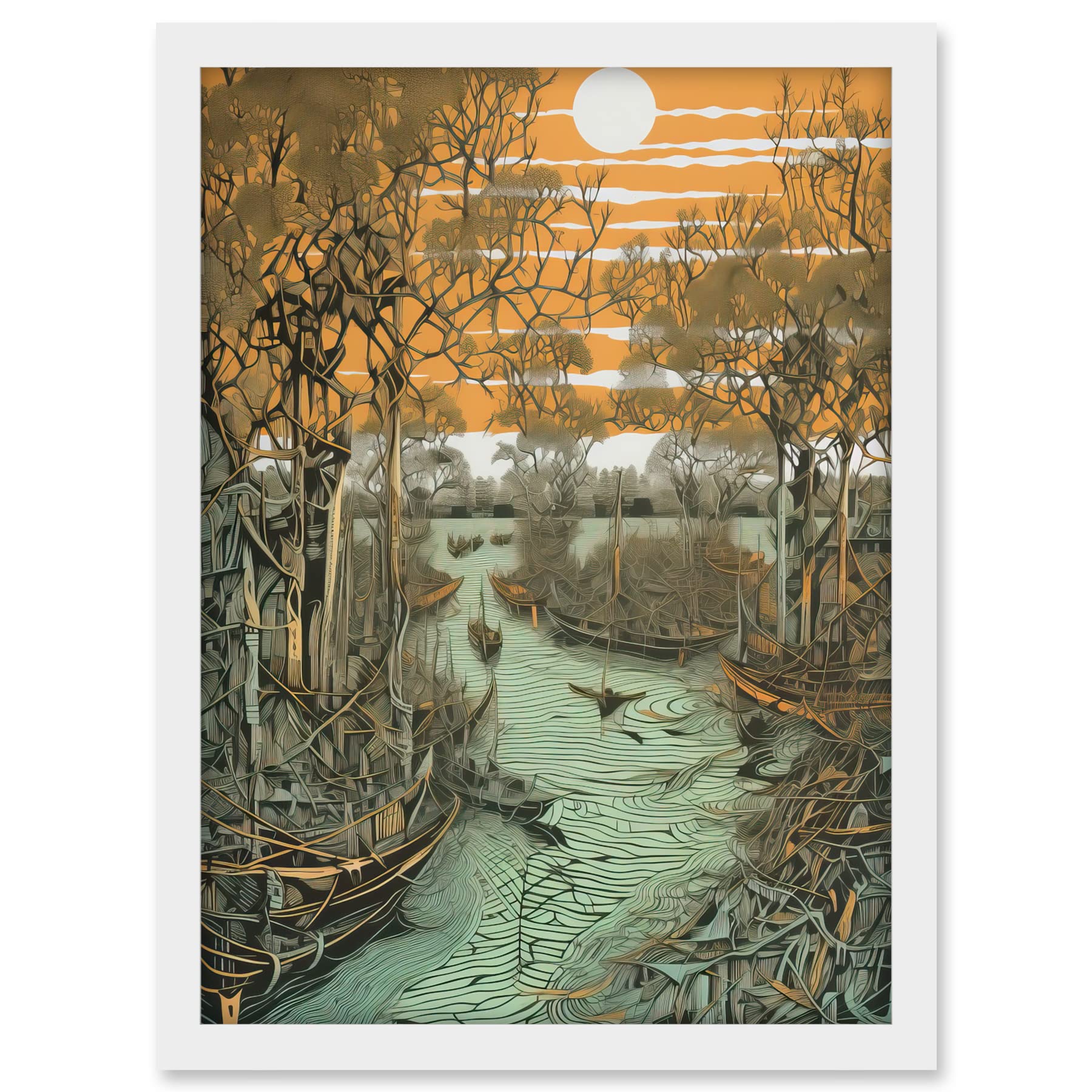 Artery8 Mangrove Forest Swamp Landscape Linocut Style Artwork Framed A3 Wall Art Print