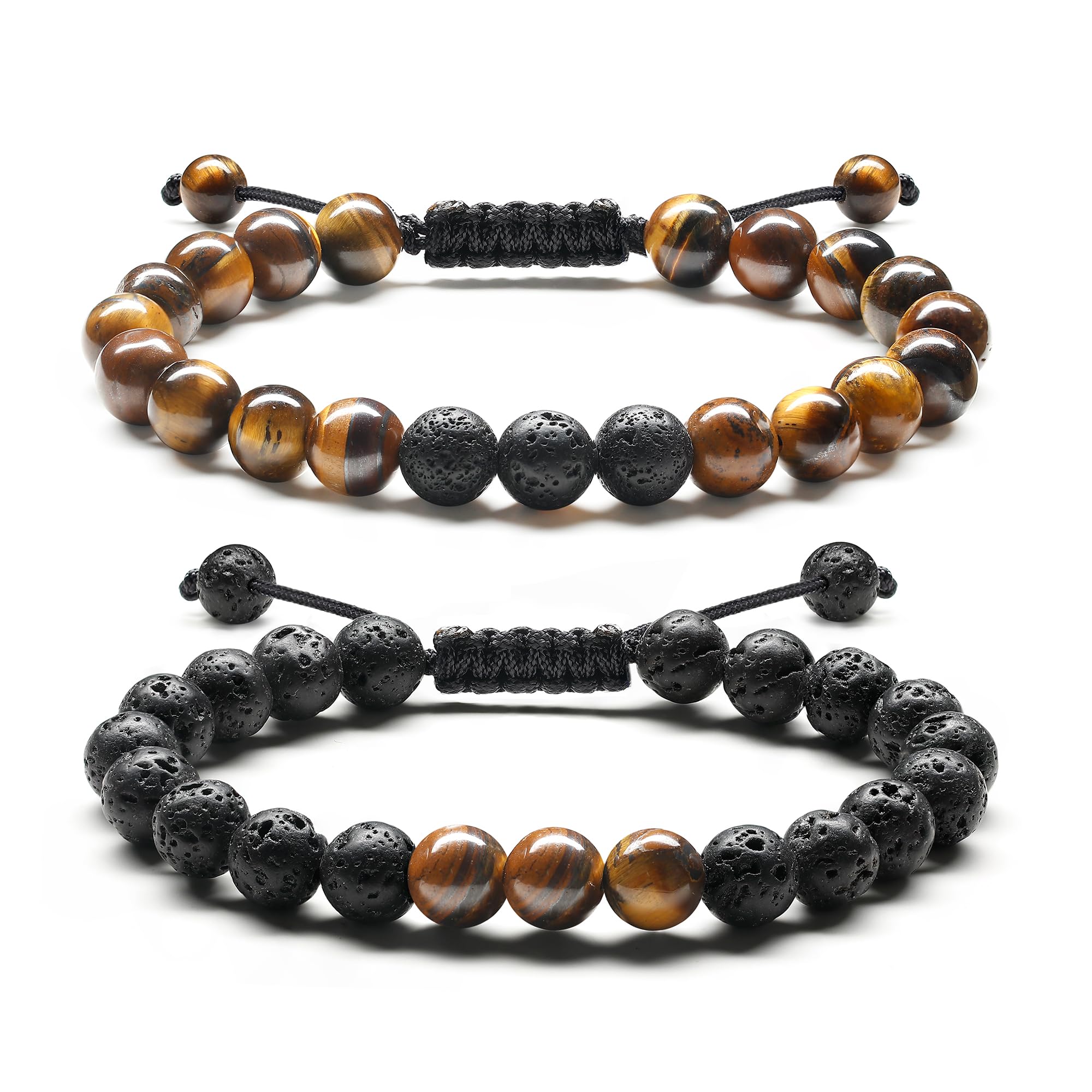 AdramataPulsera Hombre Pulseras Piedras Naturales 8MM Pulsera Ojo de Tigre Piedra de Lava Pulseras de Piedra Hechas a Mano Pulseras de Cuentas Ajustables Pulseras Hombre Joyas Regalo para Hombre
