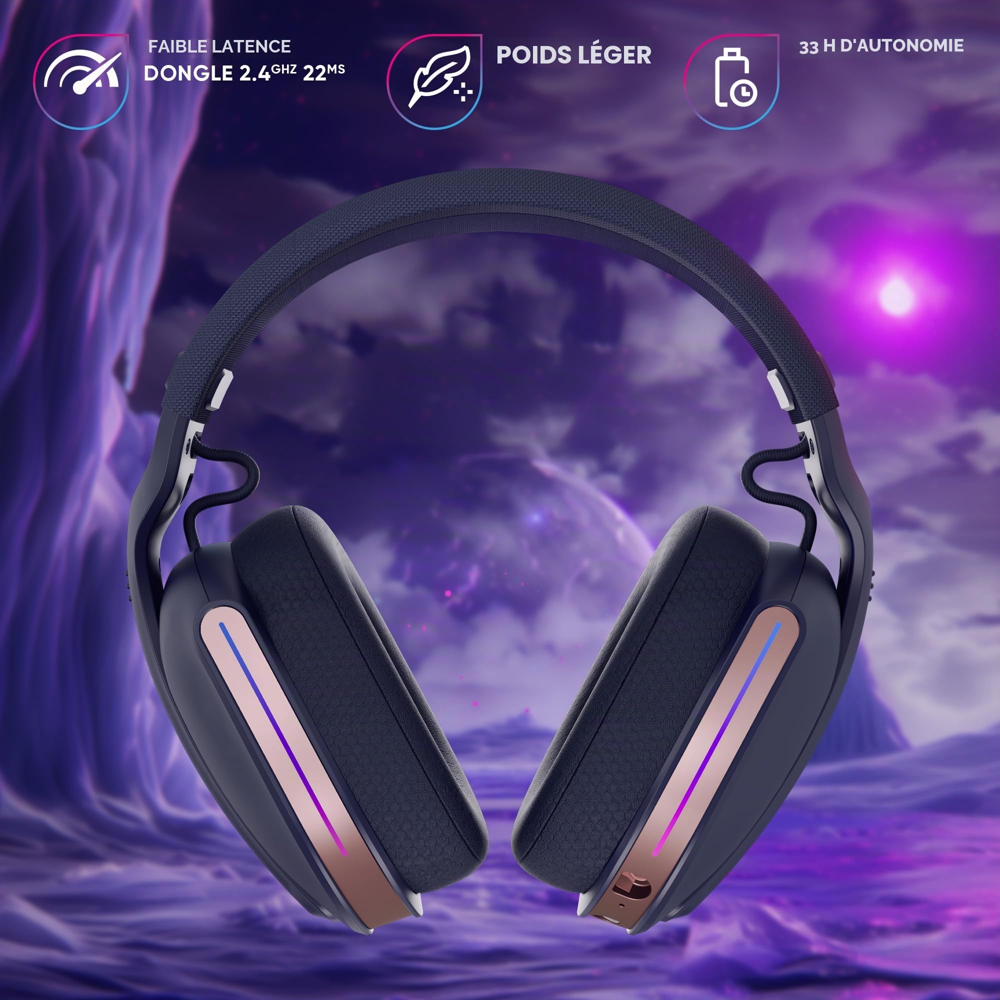 Casque Gaming sans Fil Polaris Compatible PS5 PS4 Switch PC Mobile, Casque Gamer léger LED Faible Latence 2.4GHz ou Bluetooth, Batterie 33h, Son virtuel 7.1, Double Micro - Bleu