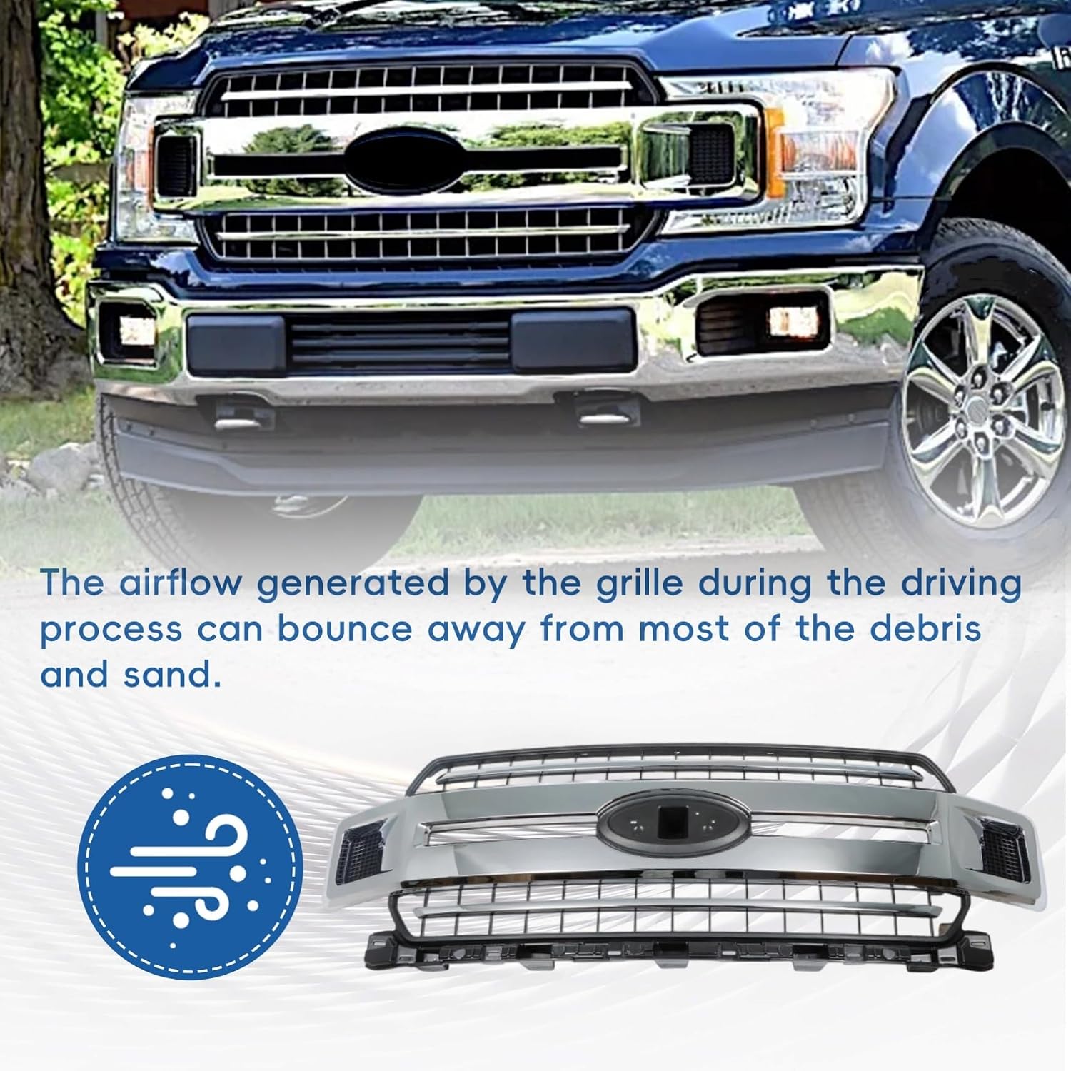 Front Bumper Hood Grille Upper Black with Chrome Molding Mesh Straight Trim Replacement for F-150 Pickup 4-Door 2018 2019 2020