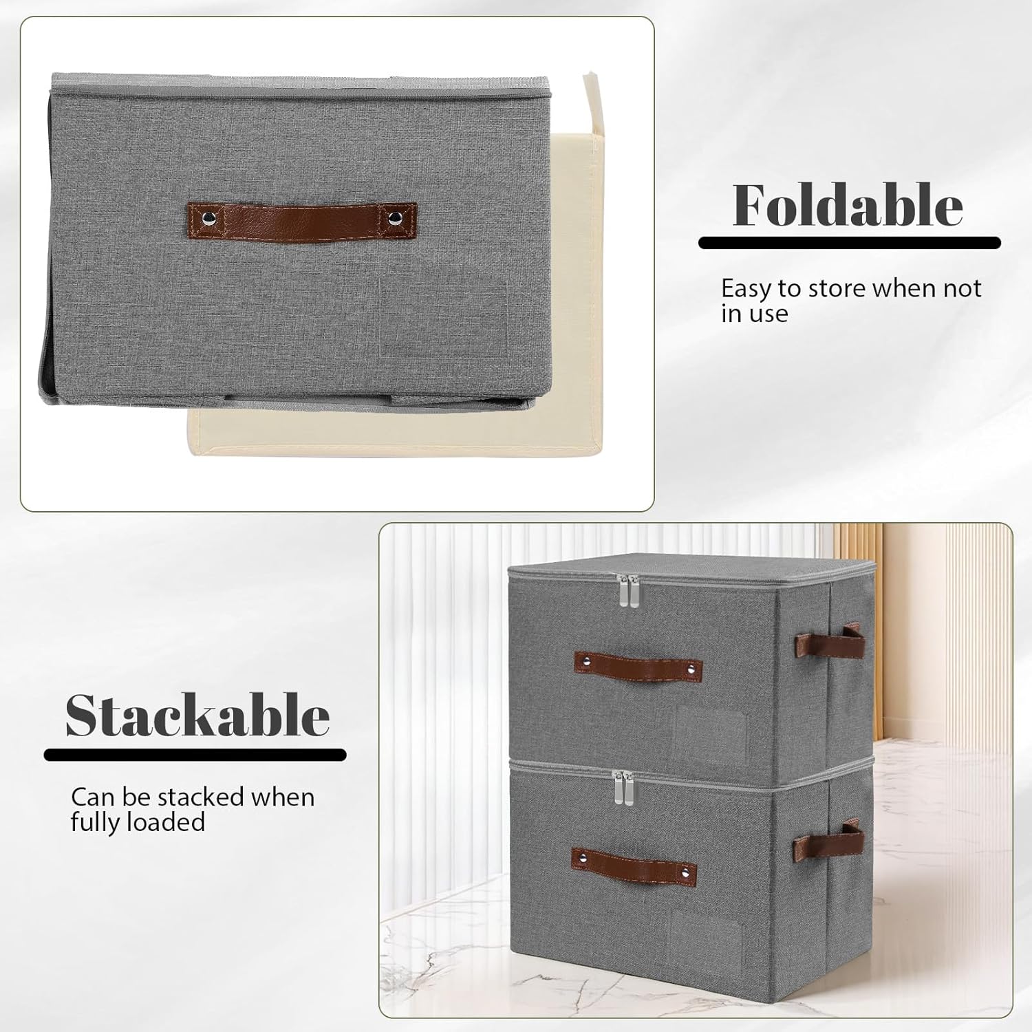 ANMINY 3PCS Storage Bins with Zipper Lid Storage Boxes with Label Holder PU Leather Handles Washable Foldable Decorative Lidded Cotton Linen Fabric Cubes Baskets Closet Organizer - Gray, Medium