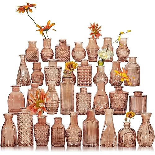 Glass Bud Vase Set of 32 Pcs, Small Glass Vases for Flowers, Amber Bud Vases in Bulk, Vintage Vases for Wedding Centerpieces, Wedding Decorations, Home Table Flower Decor