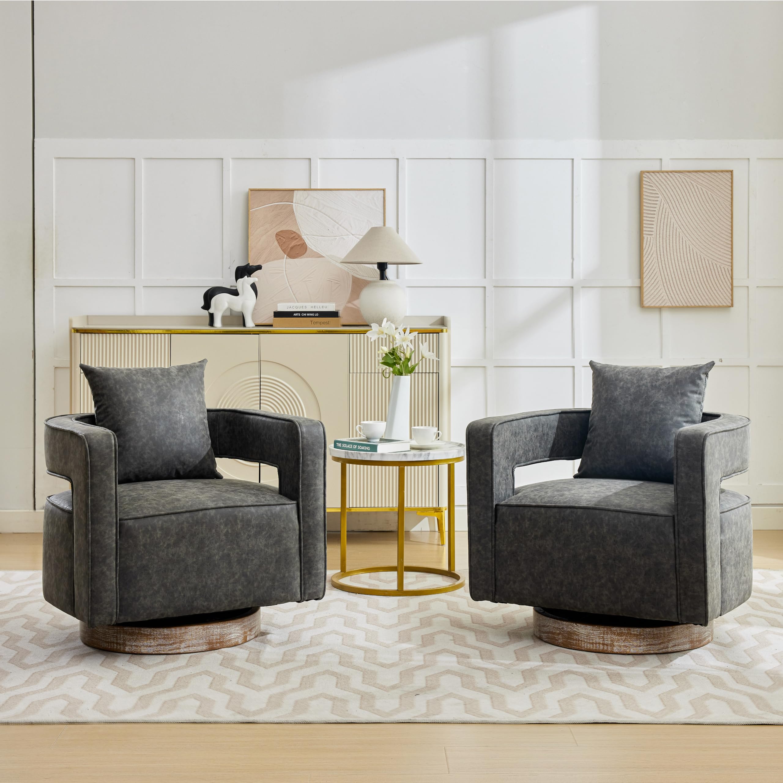 Aoiy & Wifon 29.13" W Swivel Accent Chairs Set of 2, Modern Small Barrel Chairs, Comfy Living Room Swivel Chair, PU, Gray
