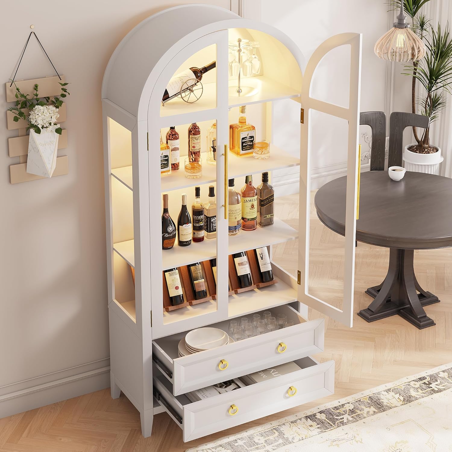 LVSOMT 71" Tall Arched Storage Cabinet with Glass Doors and Drawers, Curio Display Cabinet with Adjustable LED Light & Human Sensor, 4-Tier China Cabinet for Living Room(White)